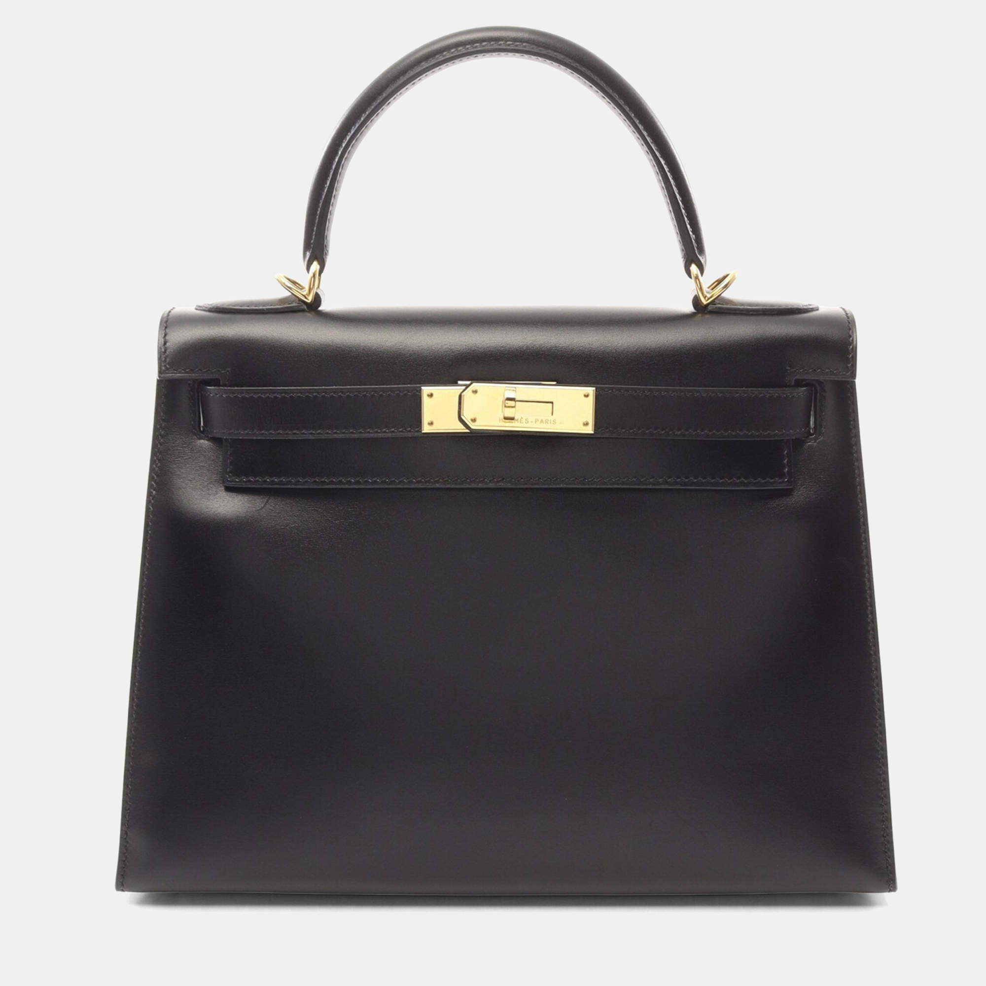 Pre Owned Hermes Kelly 28 Black Box Calf Leather Top Handle Bag