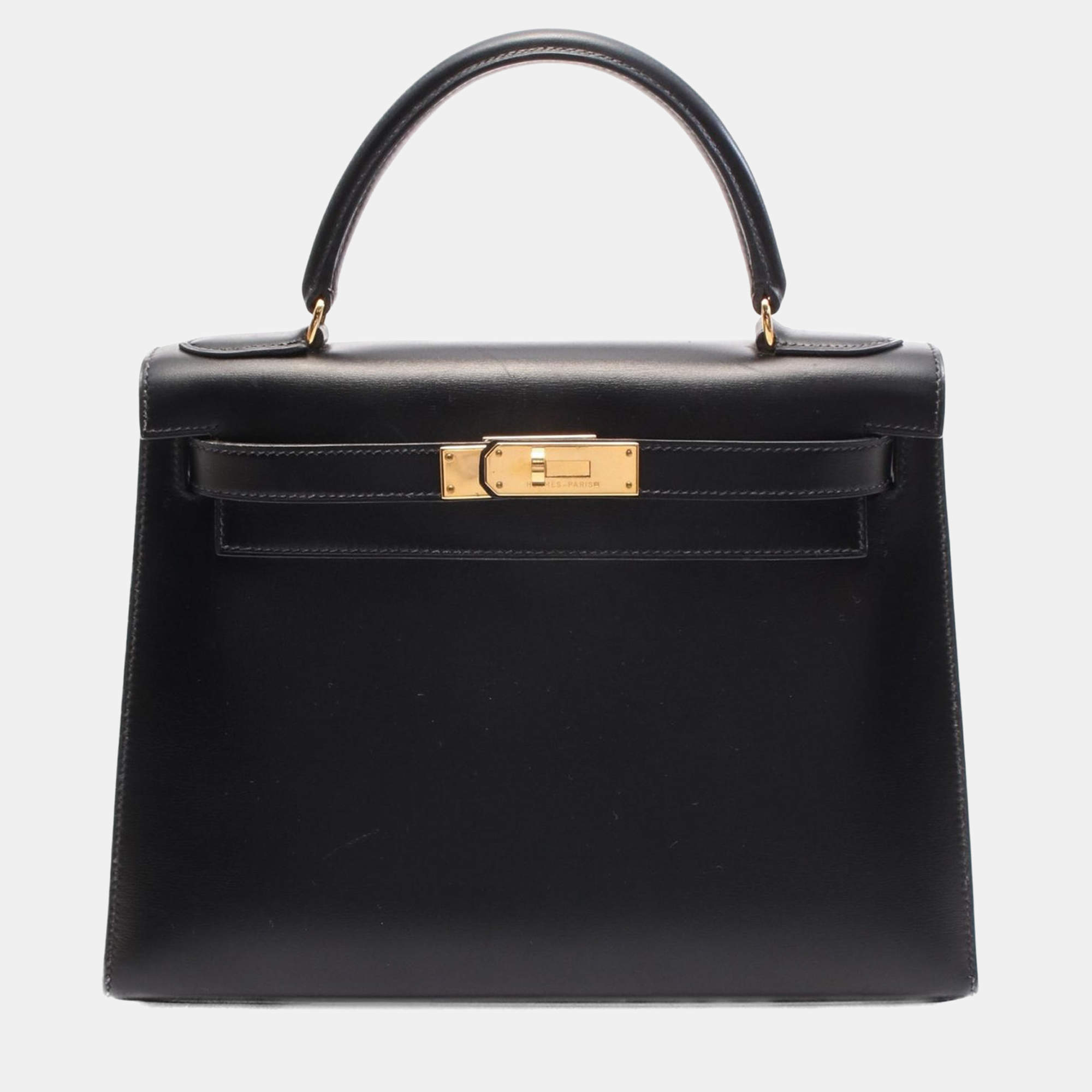 Pre Owned Hermes Kelly 28 Black Box Calf Leather Top Handle Bag