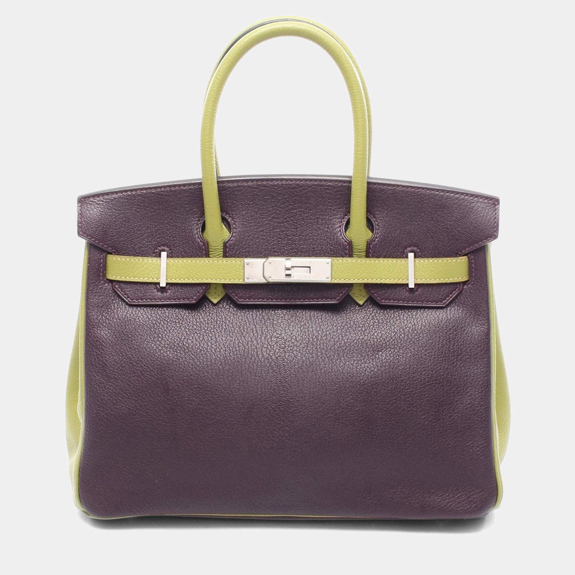 Pre Owned Hermes Birkin 30 Prune/Anis Green Chevre Leather Tote Bag