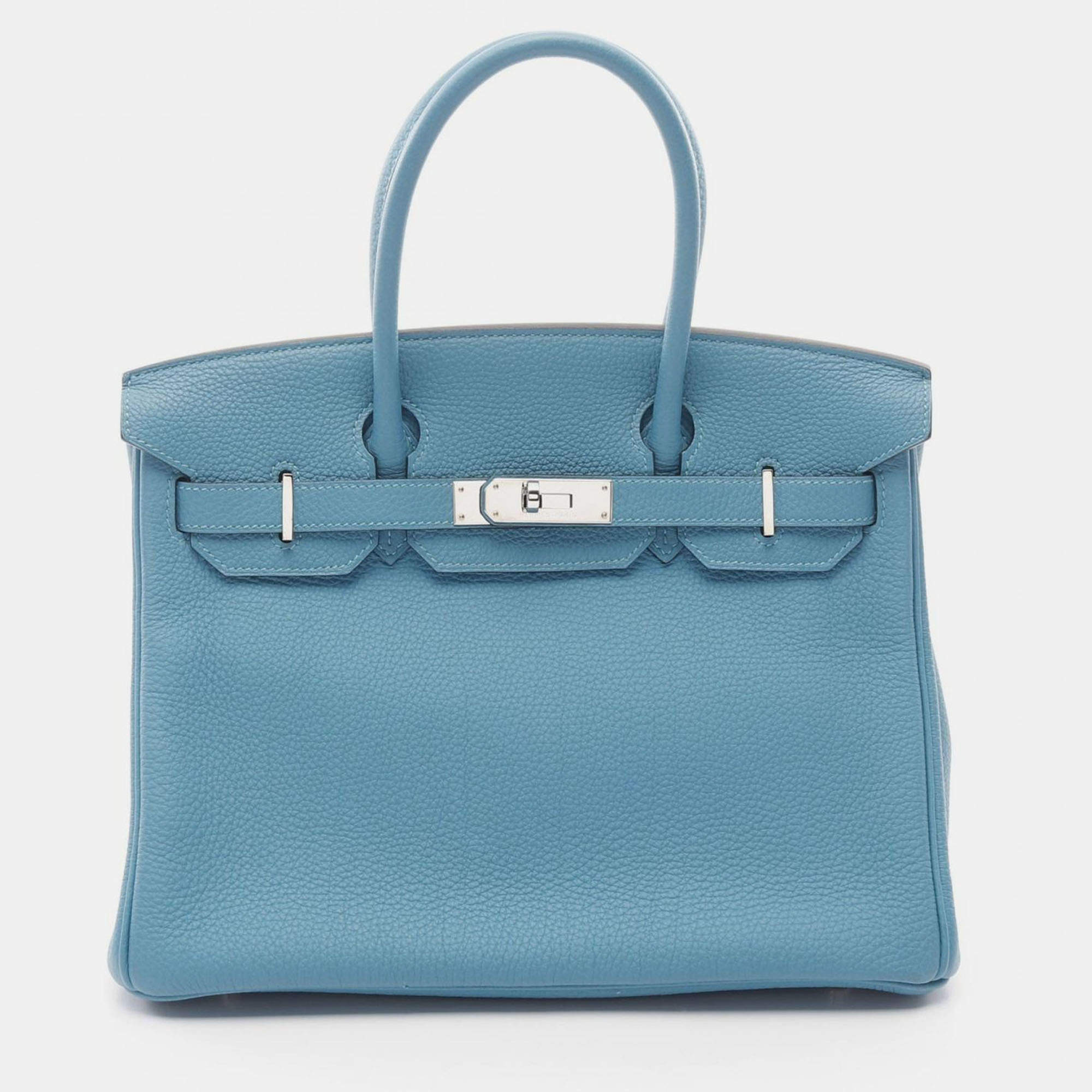 Pre Owned Hermes Brikin 30 Blue Paon Togo Leather Tote Bag