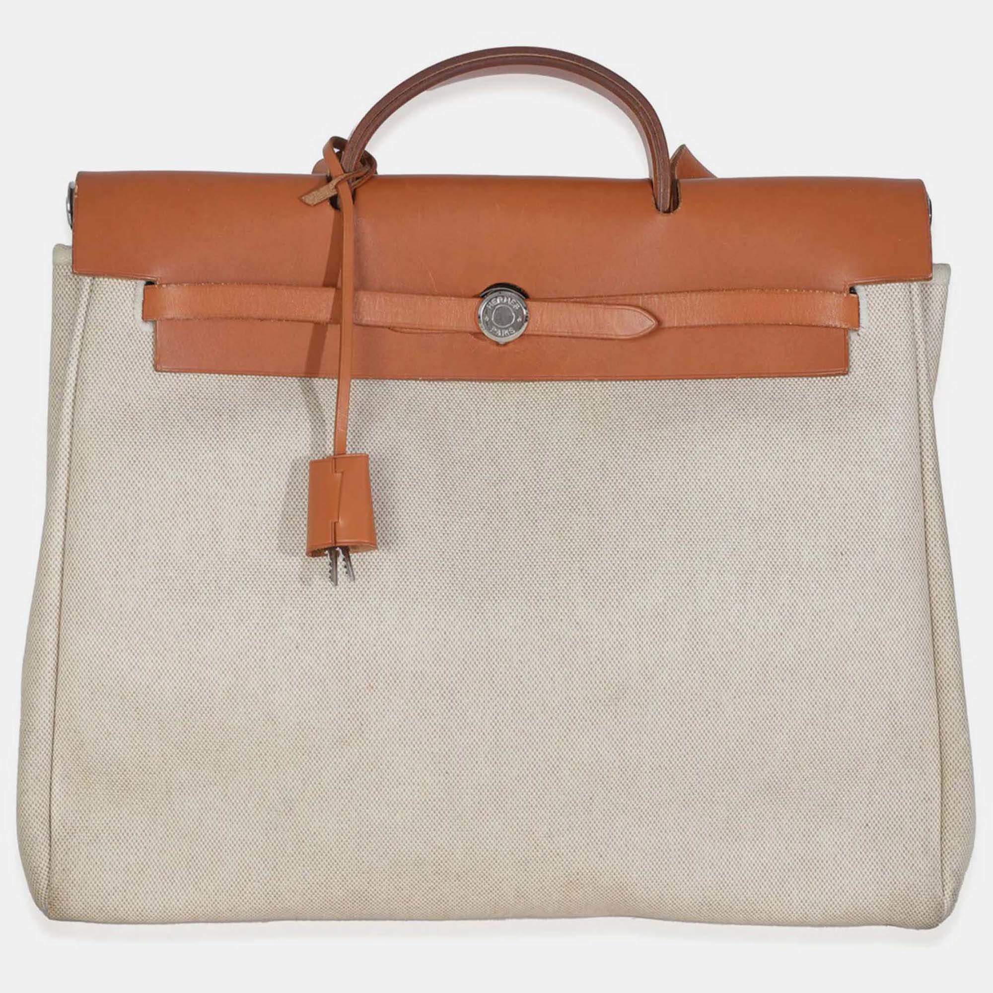 Pre Owned Hermes Natural Toile Vache Calfskin Herbag 39 MM