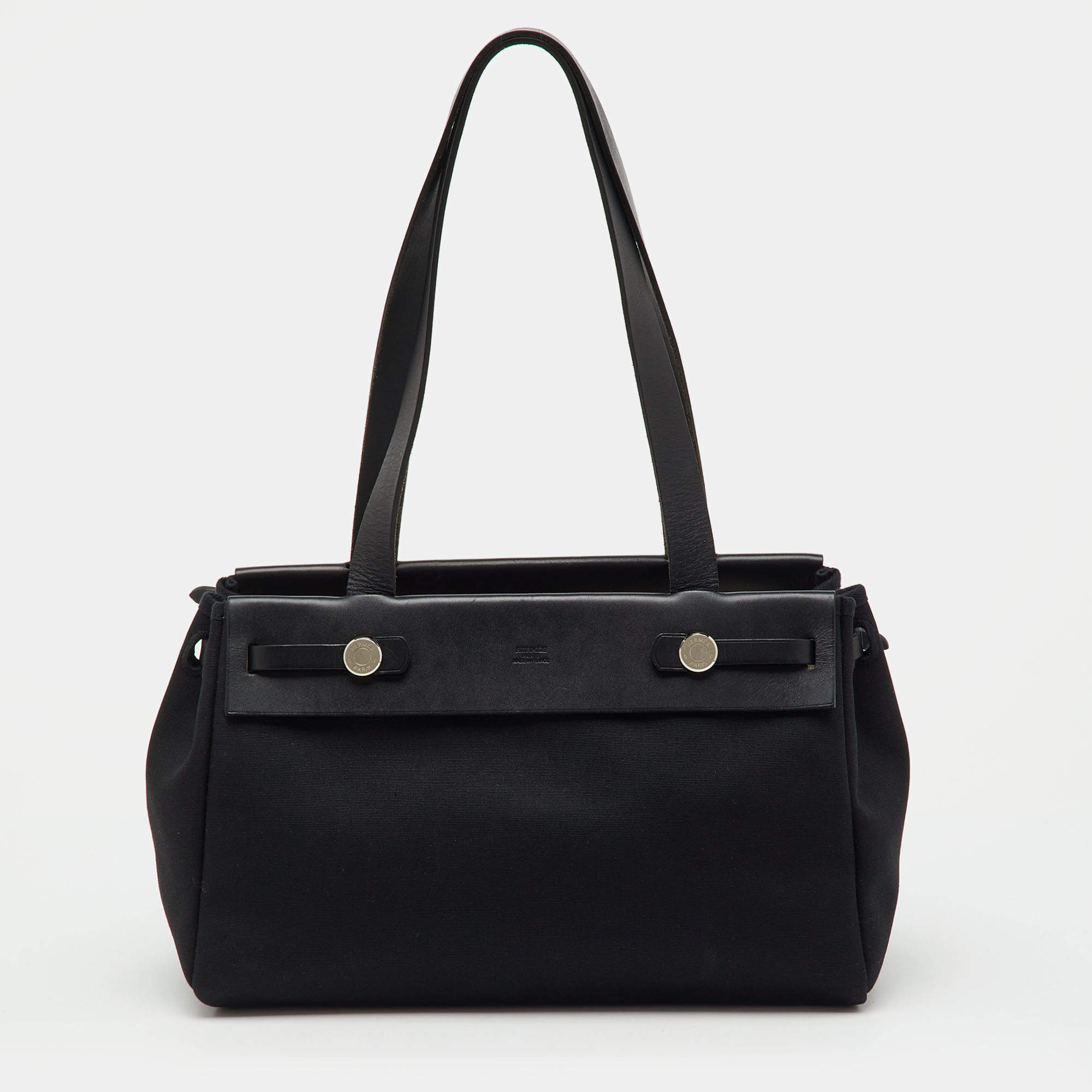 Pre Owned Hermes Black Toile Canvas and Vache Hunter Herbag Cabas PM Bag