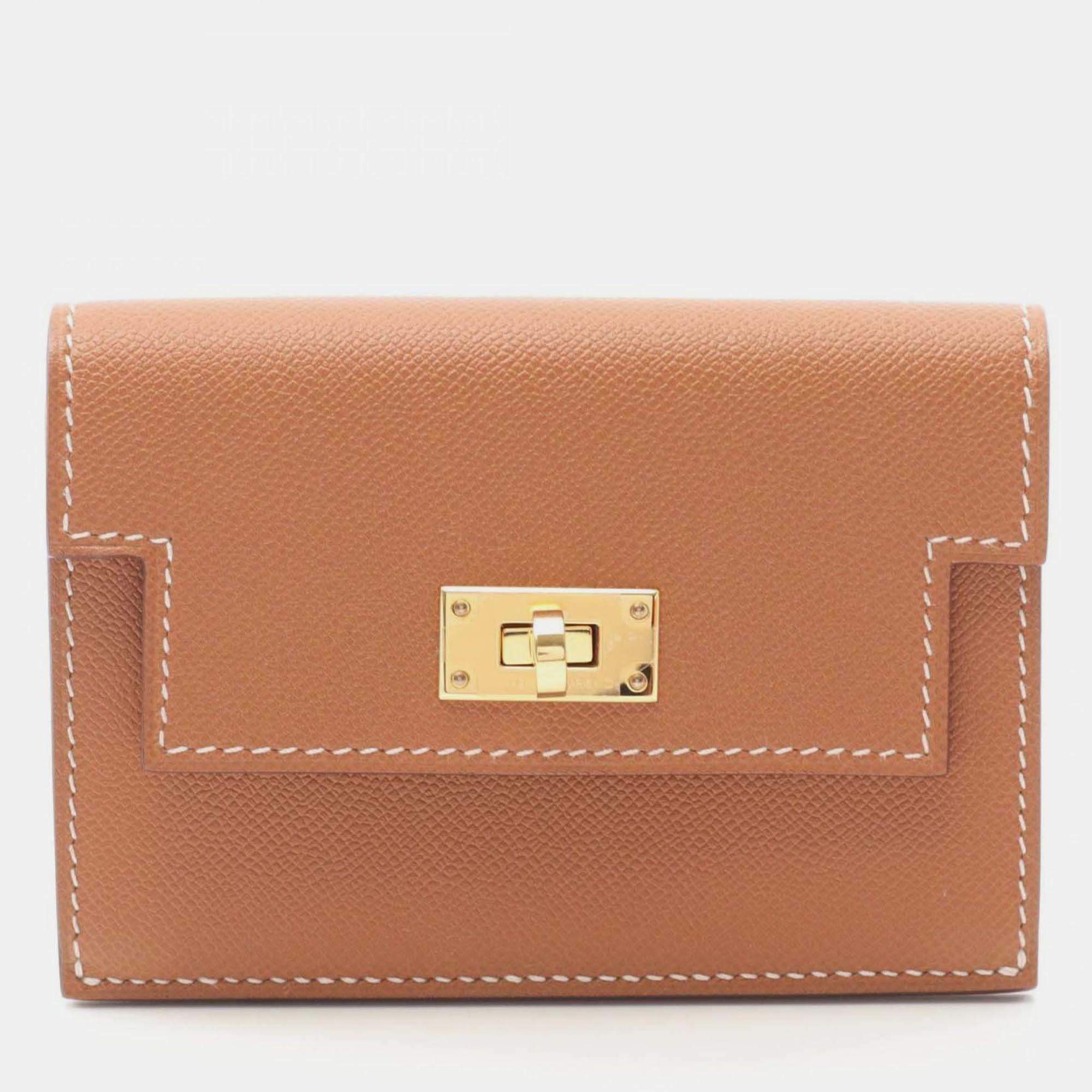 Pre Owned Hermes Kelly Pocket Slim Gold Coin Case Brown  Veau Madame Wallet 