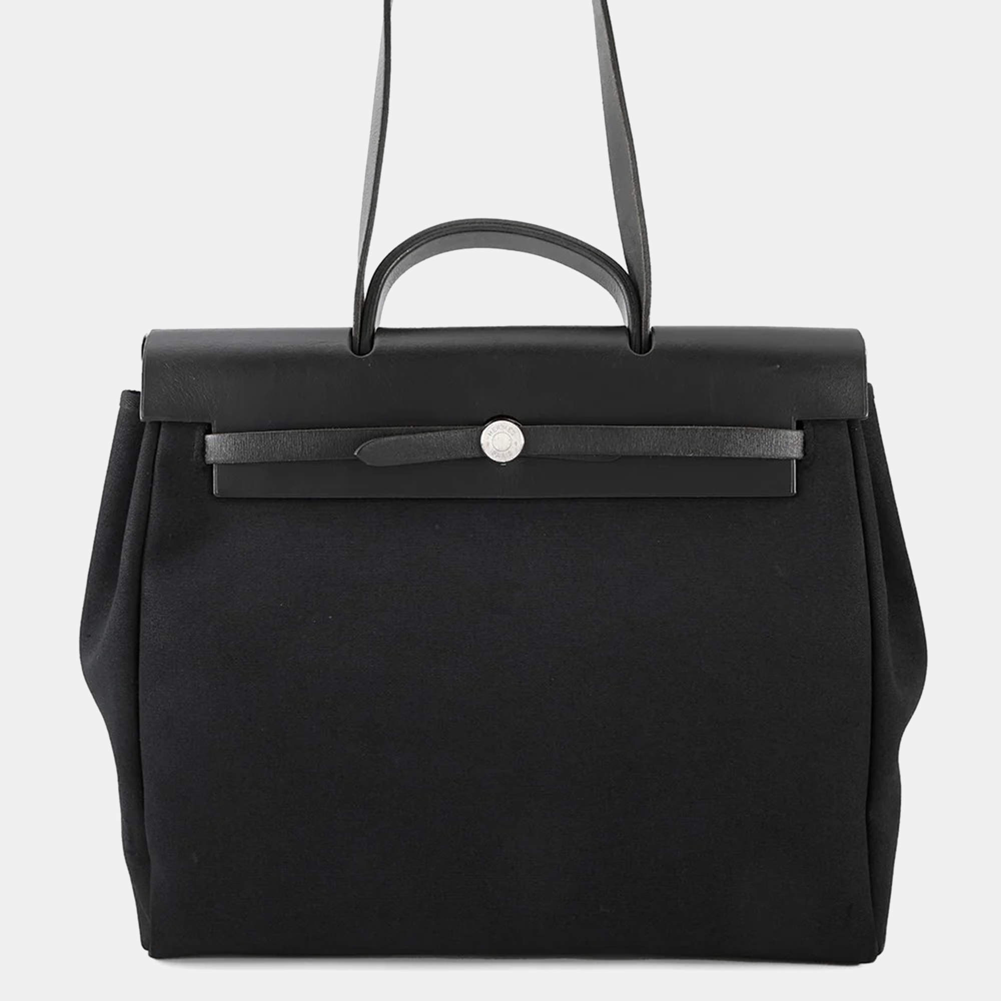 Pre Owned Hermes Herbag Black Toile Officier Leather