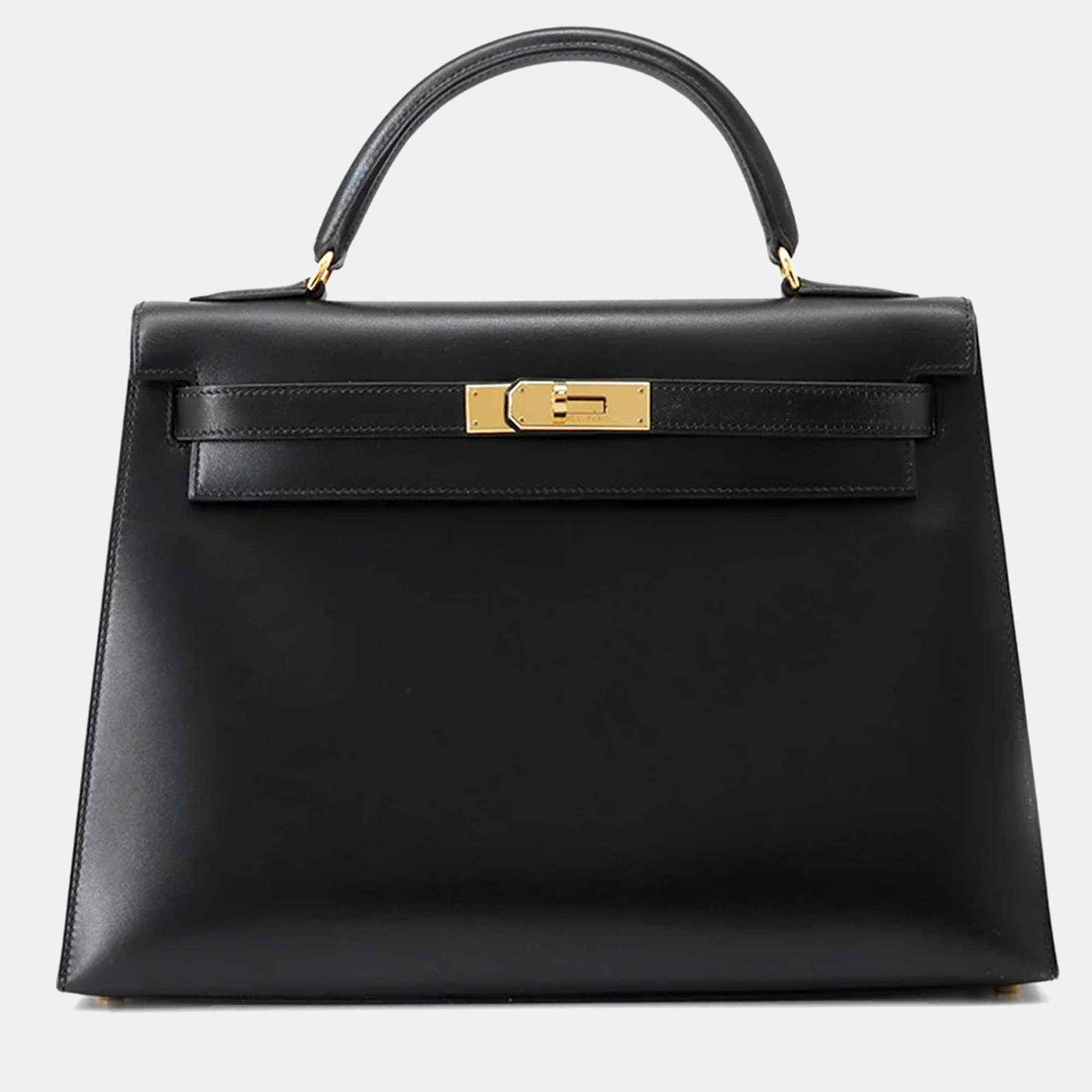 Pre Owned Hermes Kelly Sellier Black Box Calf Leather Handbag 32