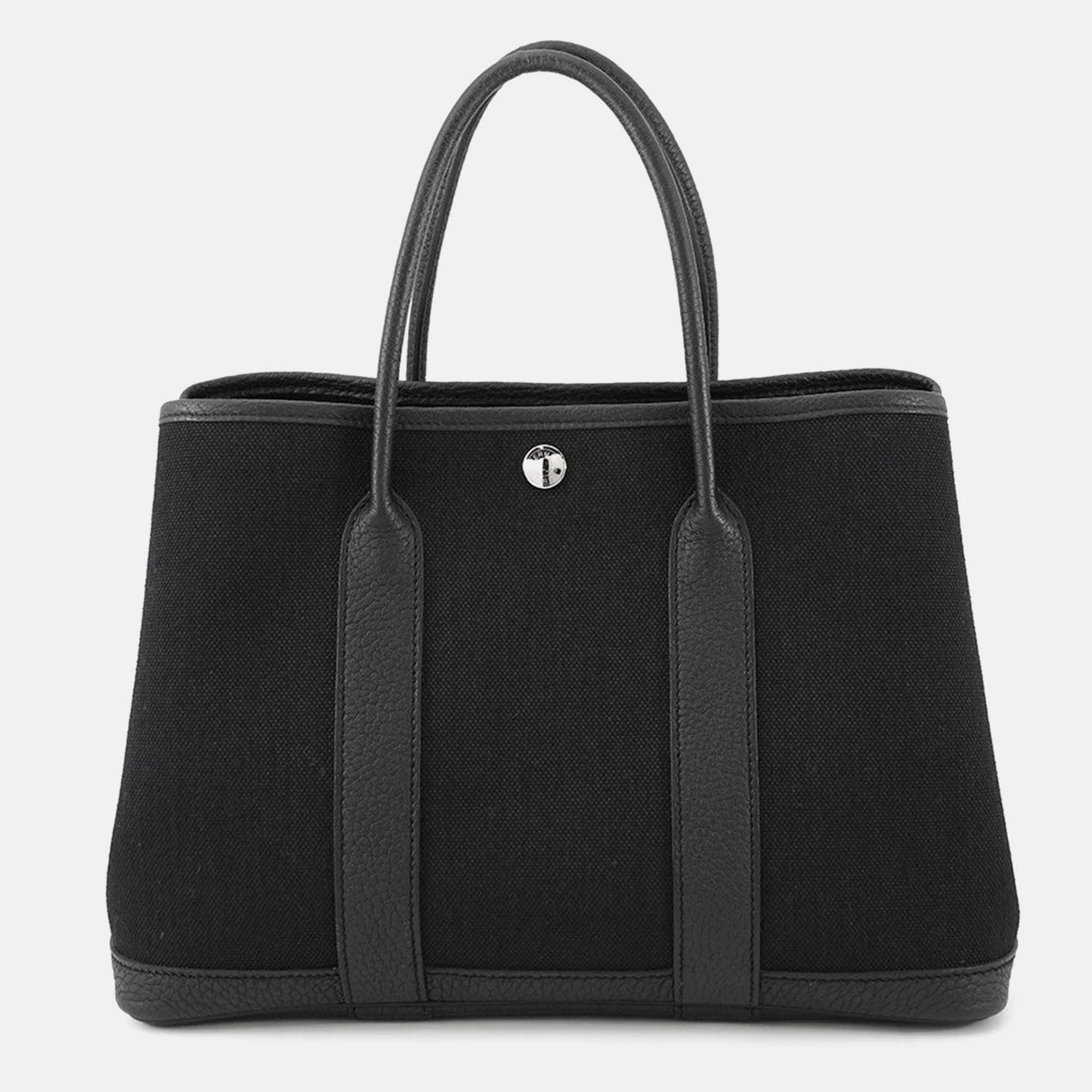 Pre Owned Hermes Garden Party Black Toile Military Negonda Leather PM