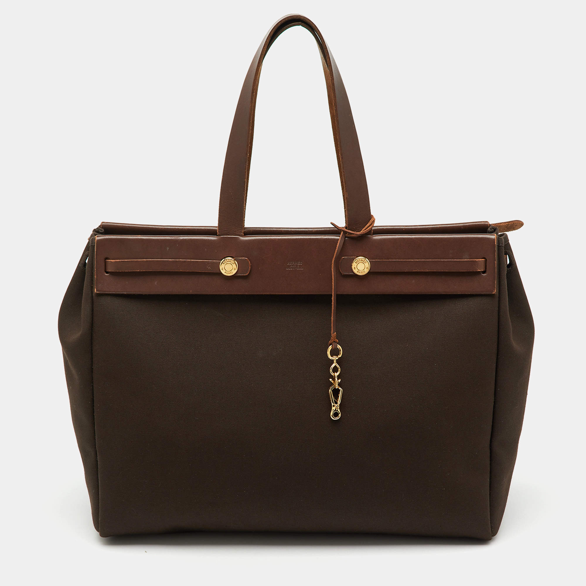 Pre Owned Hermes Chocolate/Terre Toile Canvas and Vache Hunter Herbag Cabas MM Bag