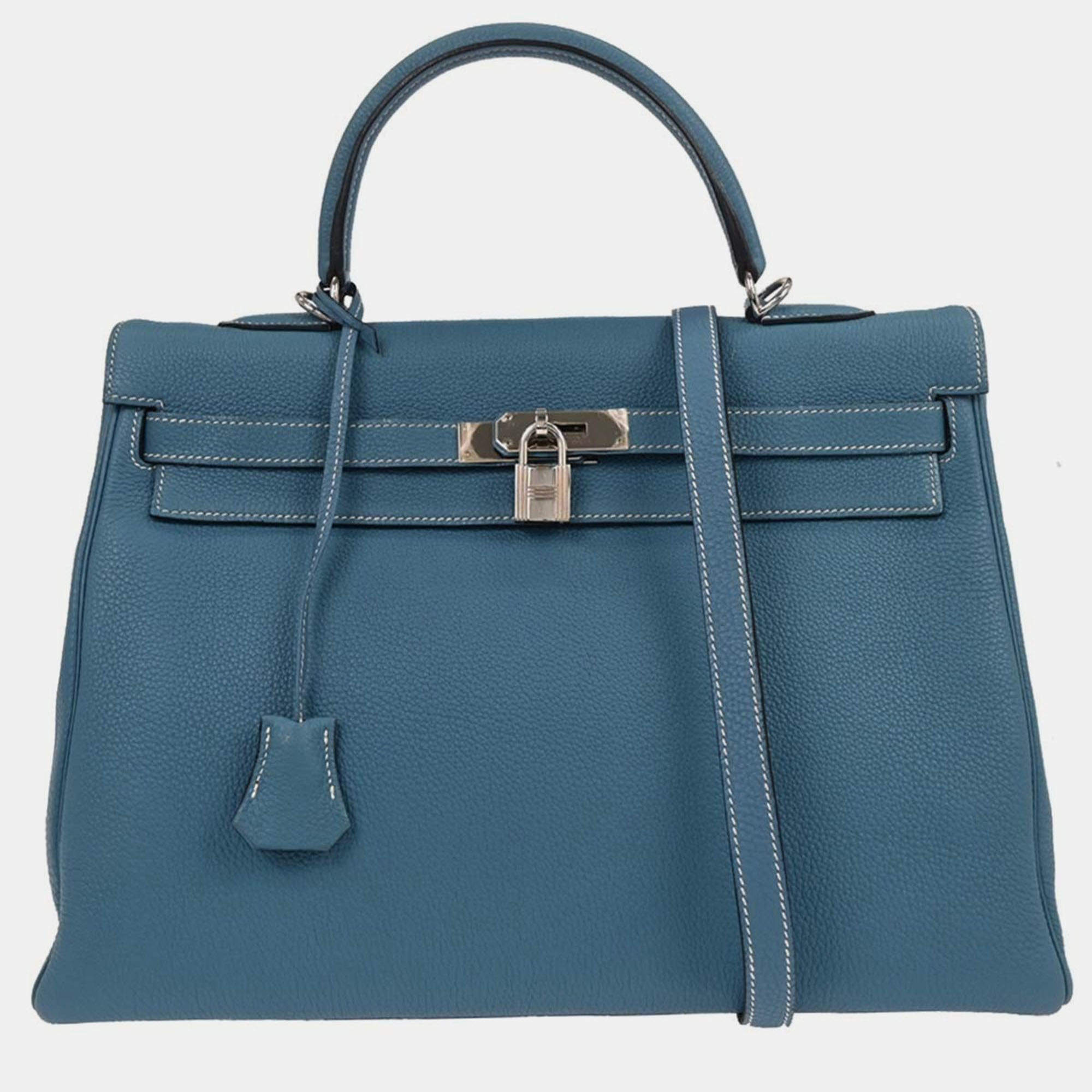 Pre Owned Hermes Blue Jean Togo Kelly 35 Retourne 2way Handbag