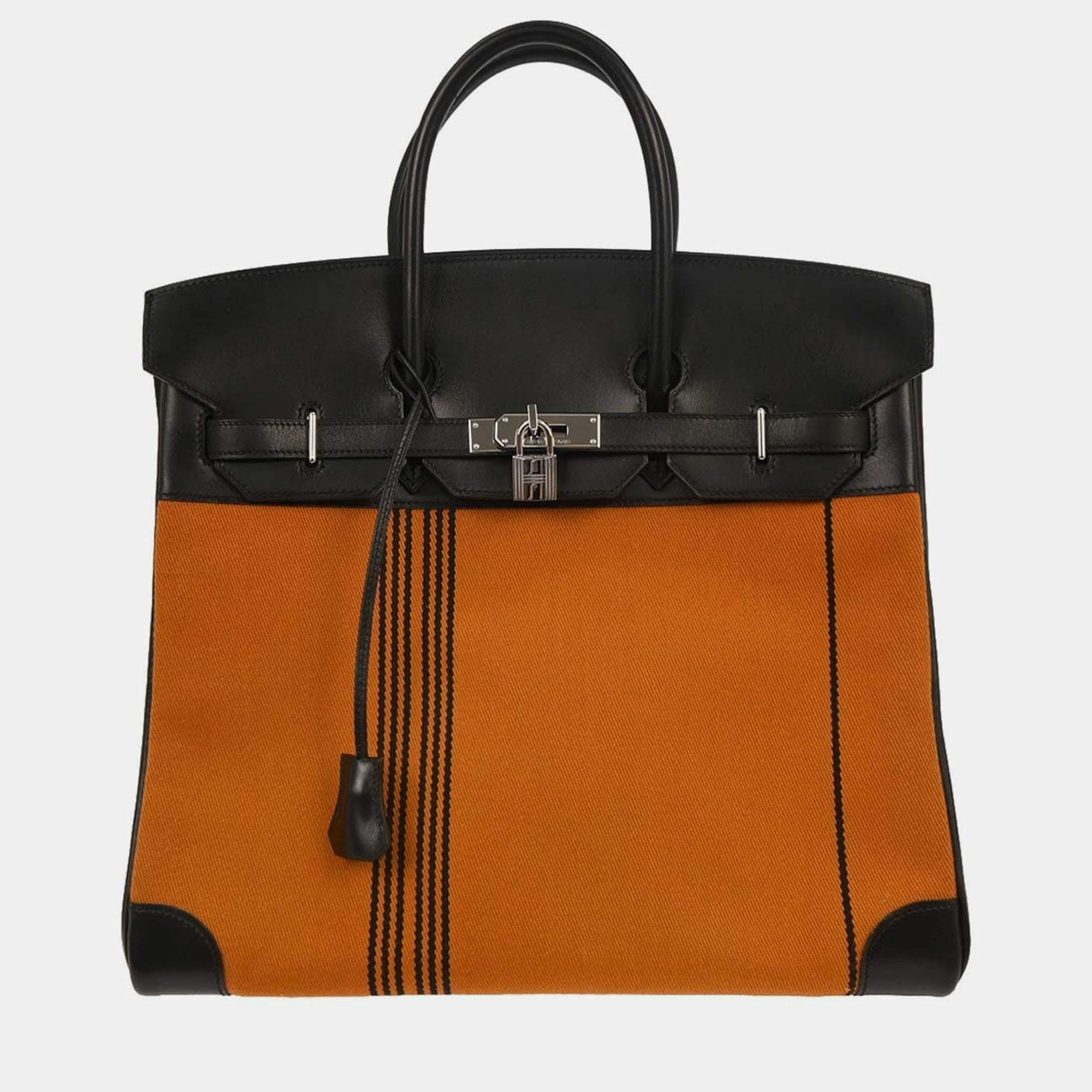 Pre Owned Hermes Black Orange Box Calf Potamos Haut a Courroies 36 Handbag
