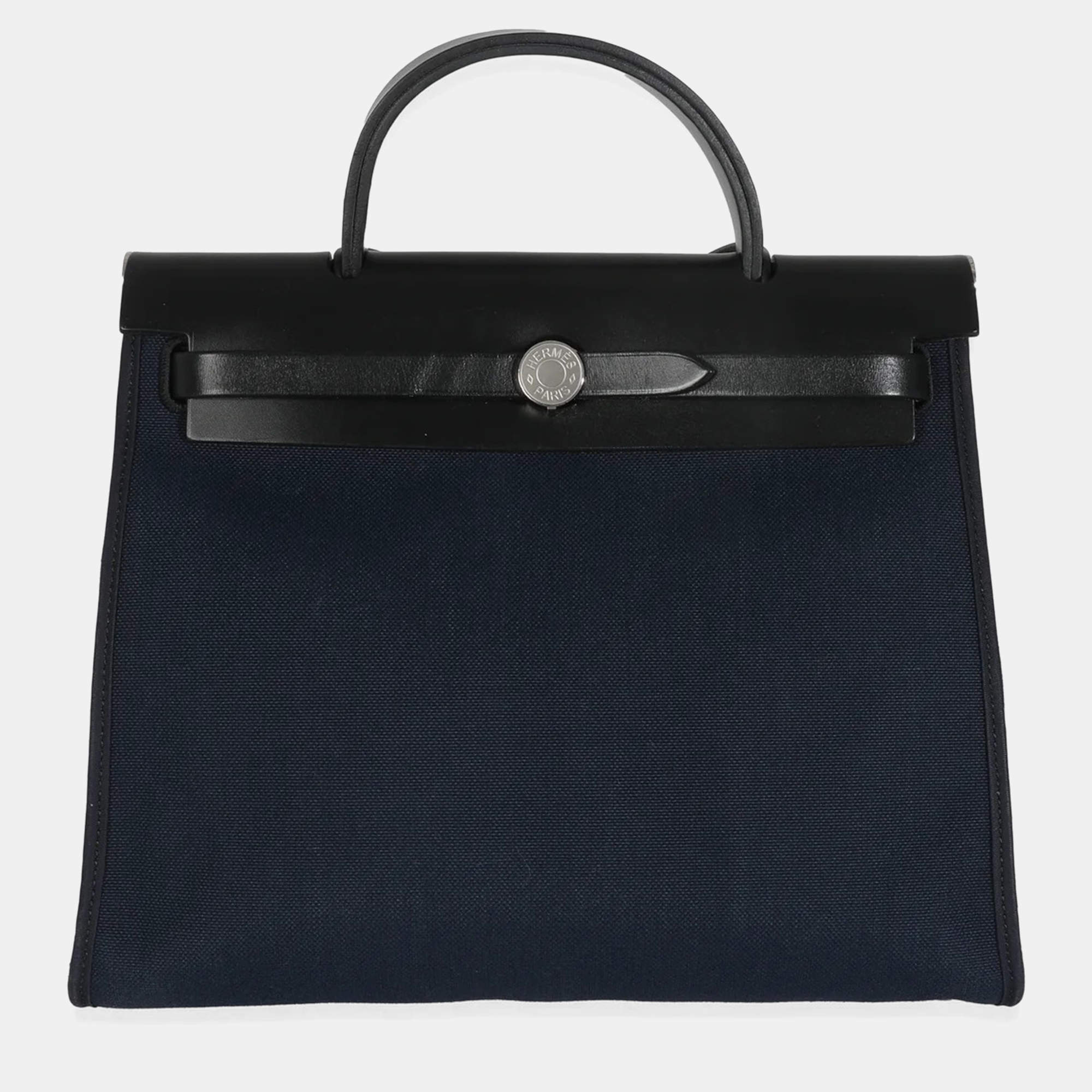 Pre Owned Hermes Bleu Marine Bleu Saphir Military Toile Vache Hunter Herbag Zip 31 PM PHW