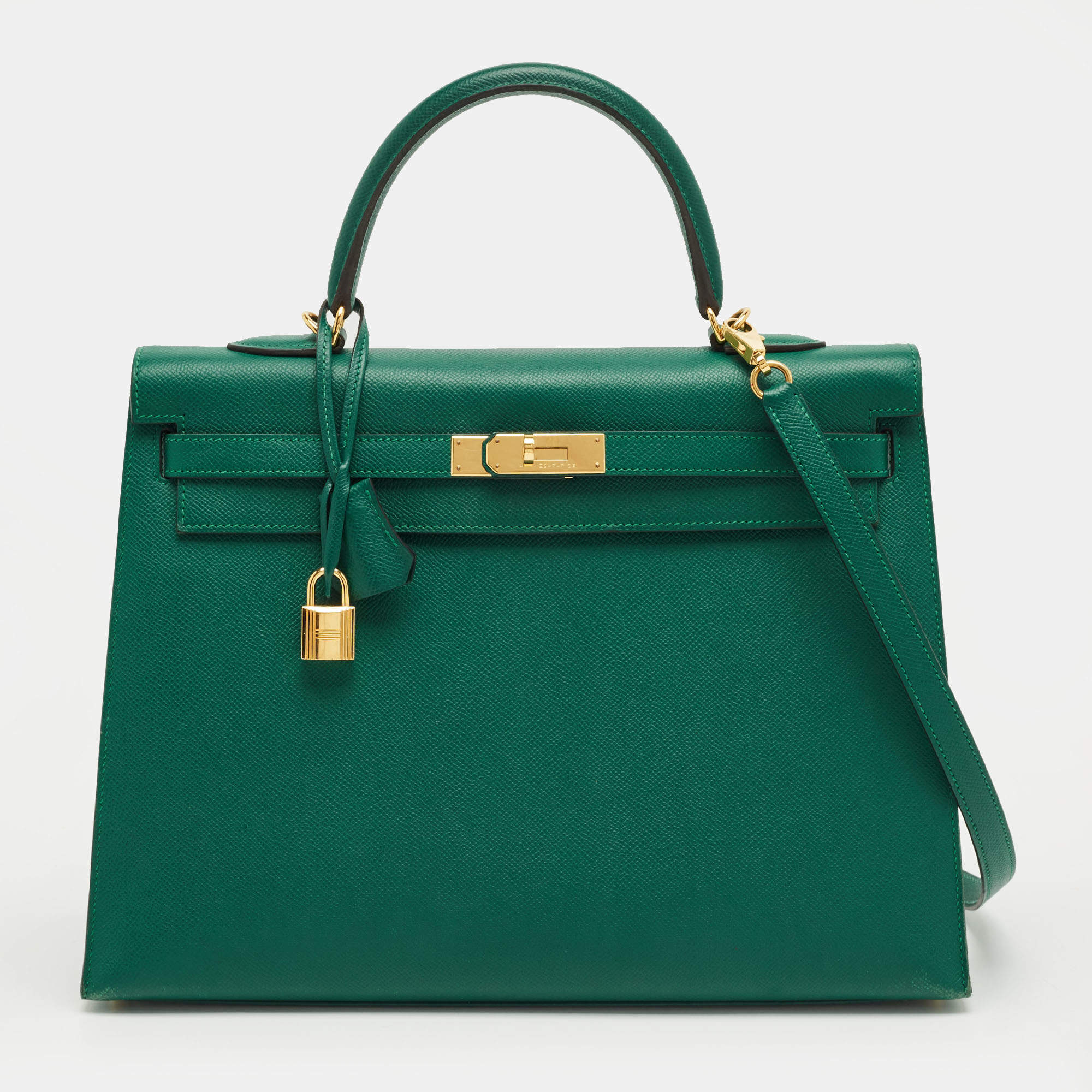 Pre Owned Hermes Malachite Epsom Leather Gold Finish Kelly Sellier 35 Bag
