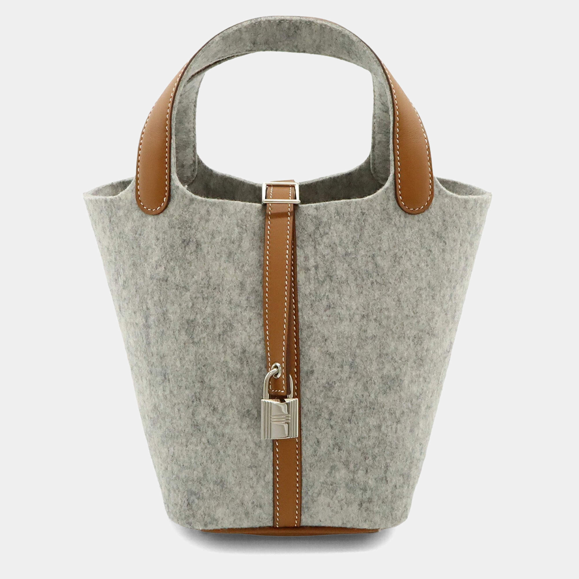 Pre Owned Hermes Picotin Lock Pm Handbag/Tote Bag In Felt  Swift Leather  Gripere Gray  Gold