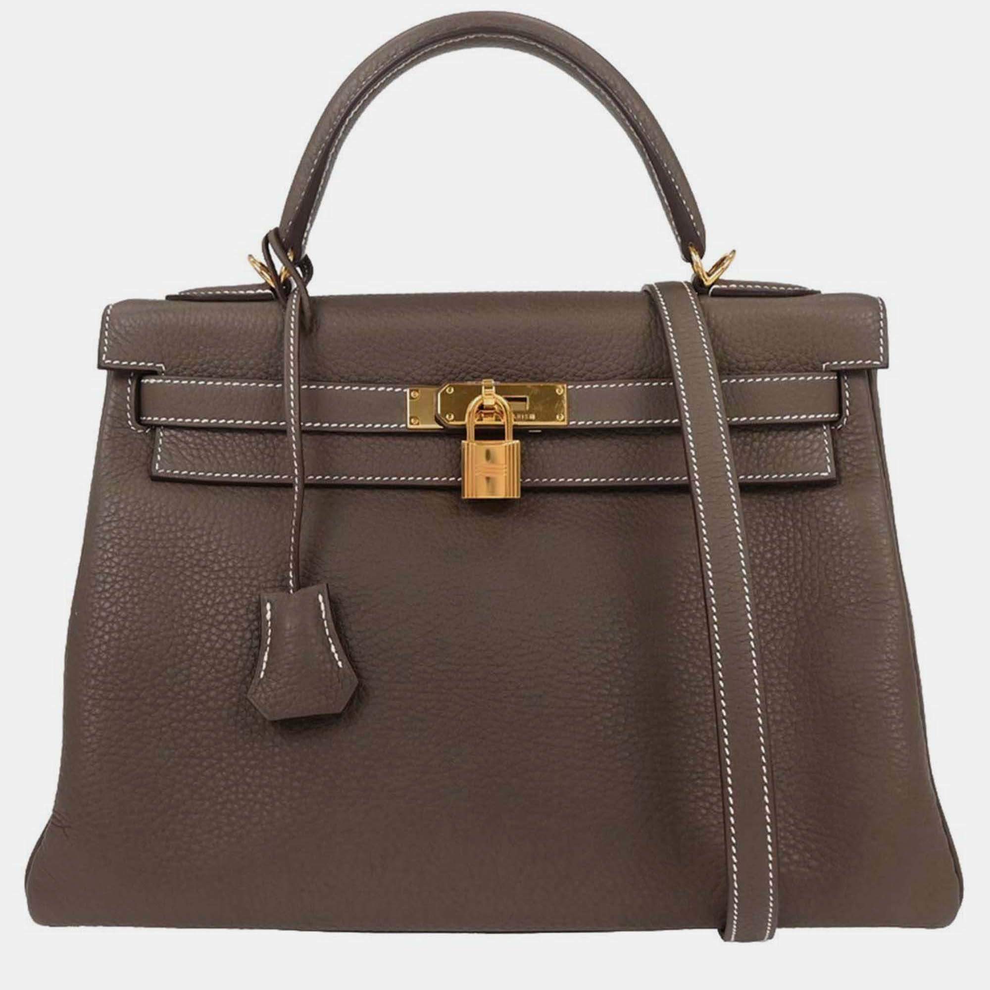 Pre Owned Hermes Etoupe Taurillon Clemence Kelly 32 Retourne 2way Handbag