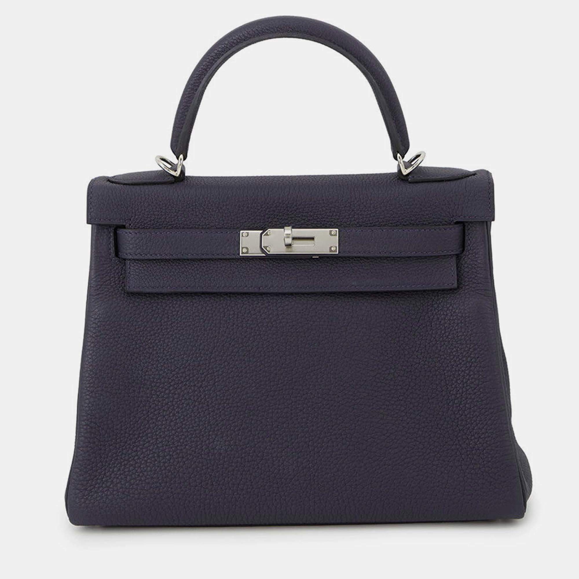 Pre Owned Hermes Kelly Retourne Blue Nuit Togo Leather 28 Handbag