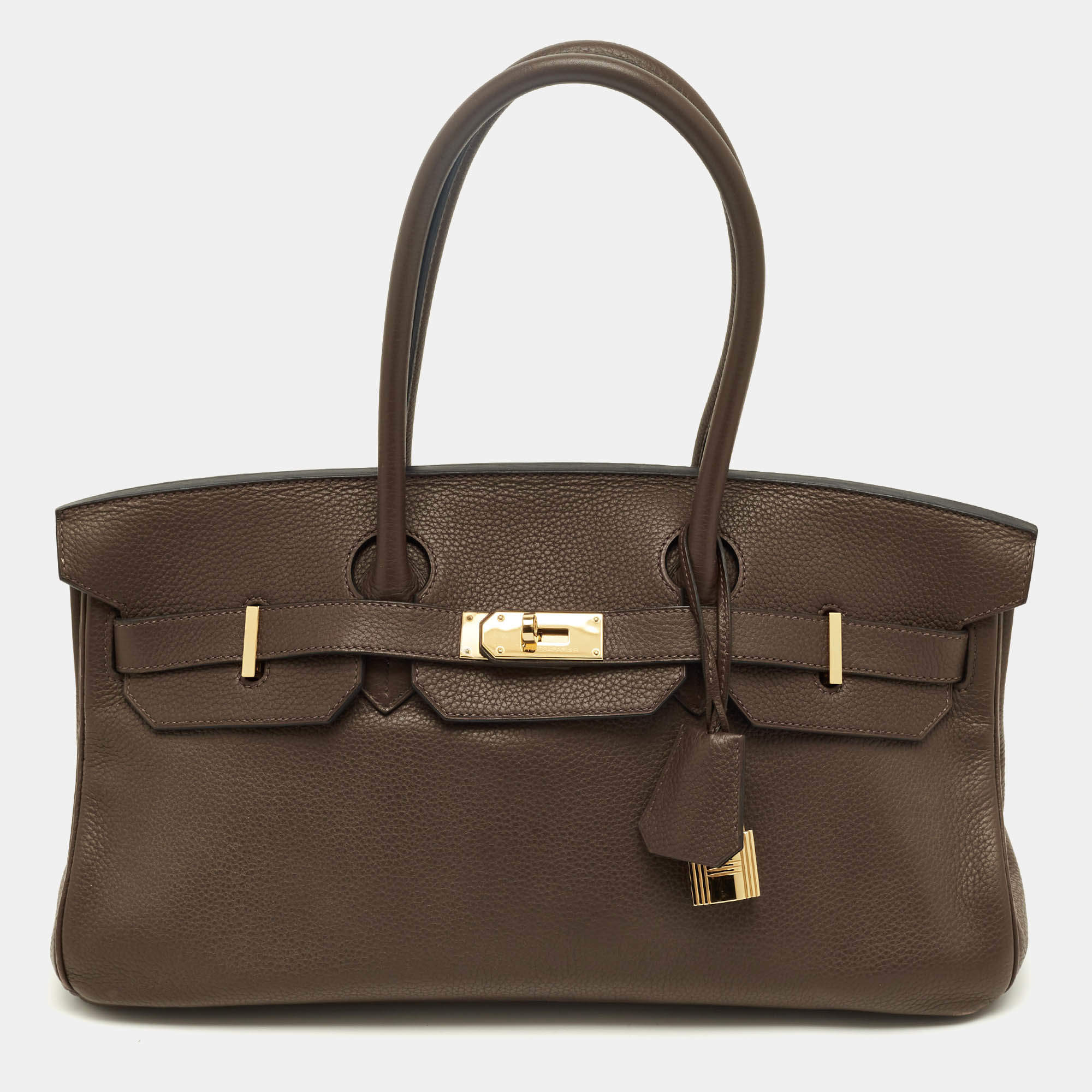 Pre Owned Hermès Chocolat Taurillon Clemence Leather Gold Finish Shoulder Birkin JPG 42 Bag