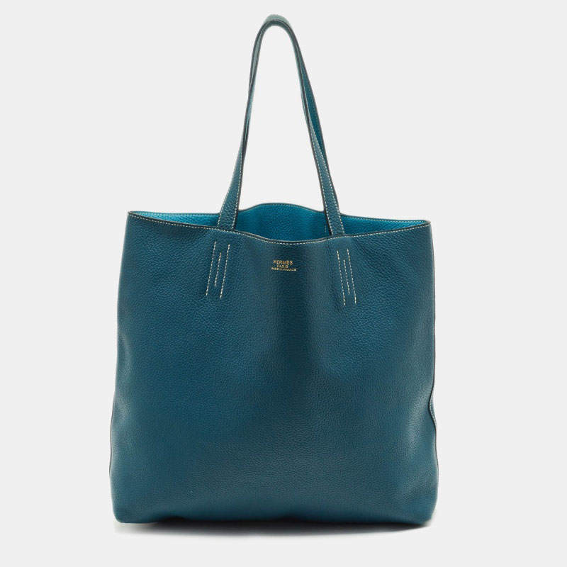 Pre Owned Hermes Colvert/Bleu Atoll Taurillon Clemence Leather Double Sens Reversible Tote