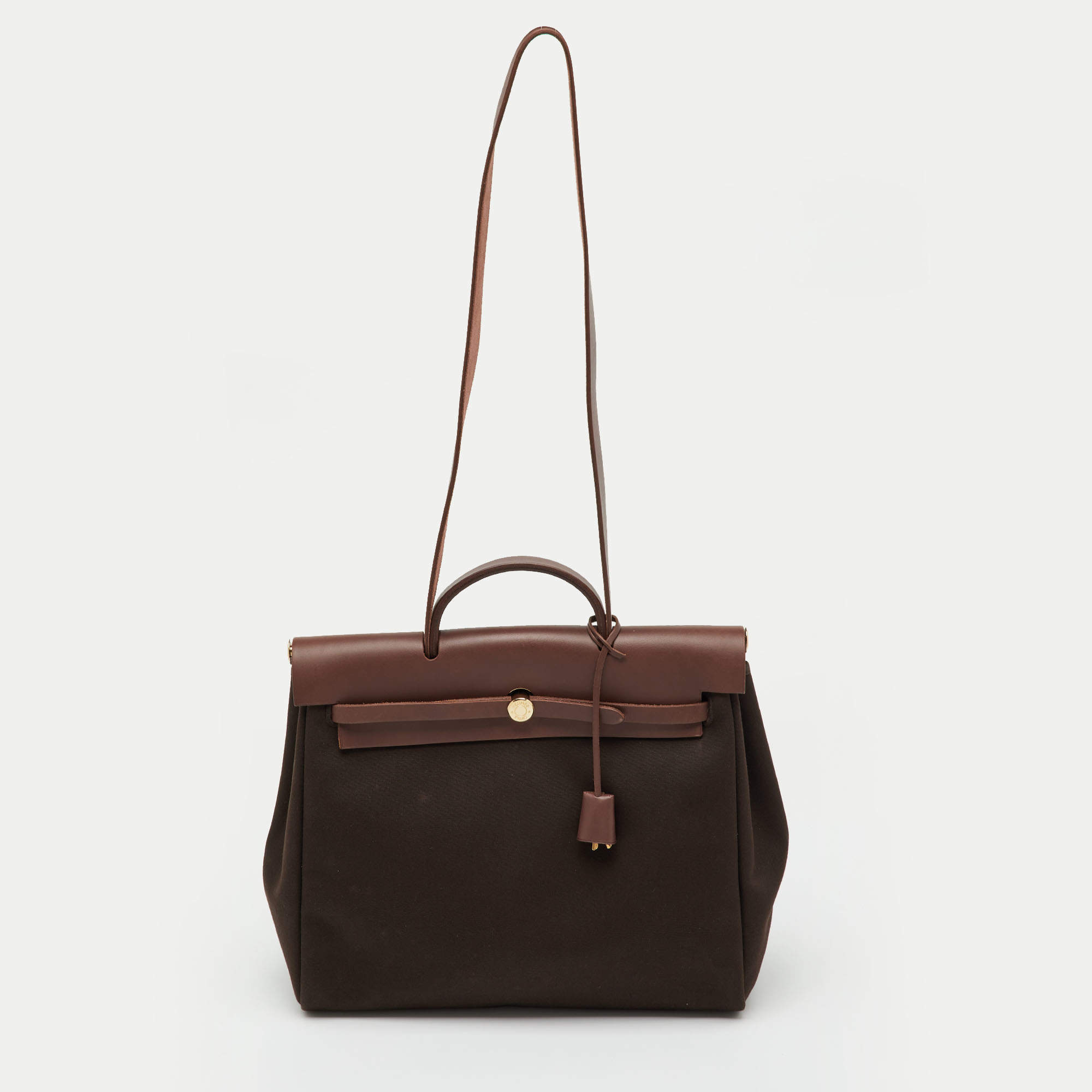 Pre Owned Hermes Chocolate/Terre Canvas and Leather Herbag 39 Bag