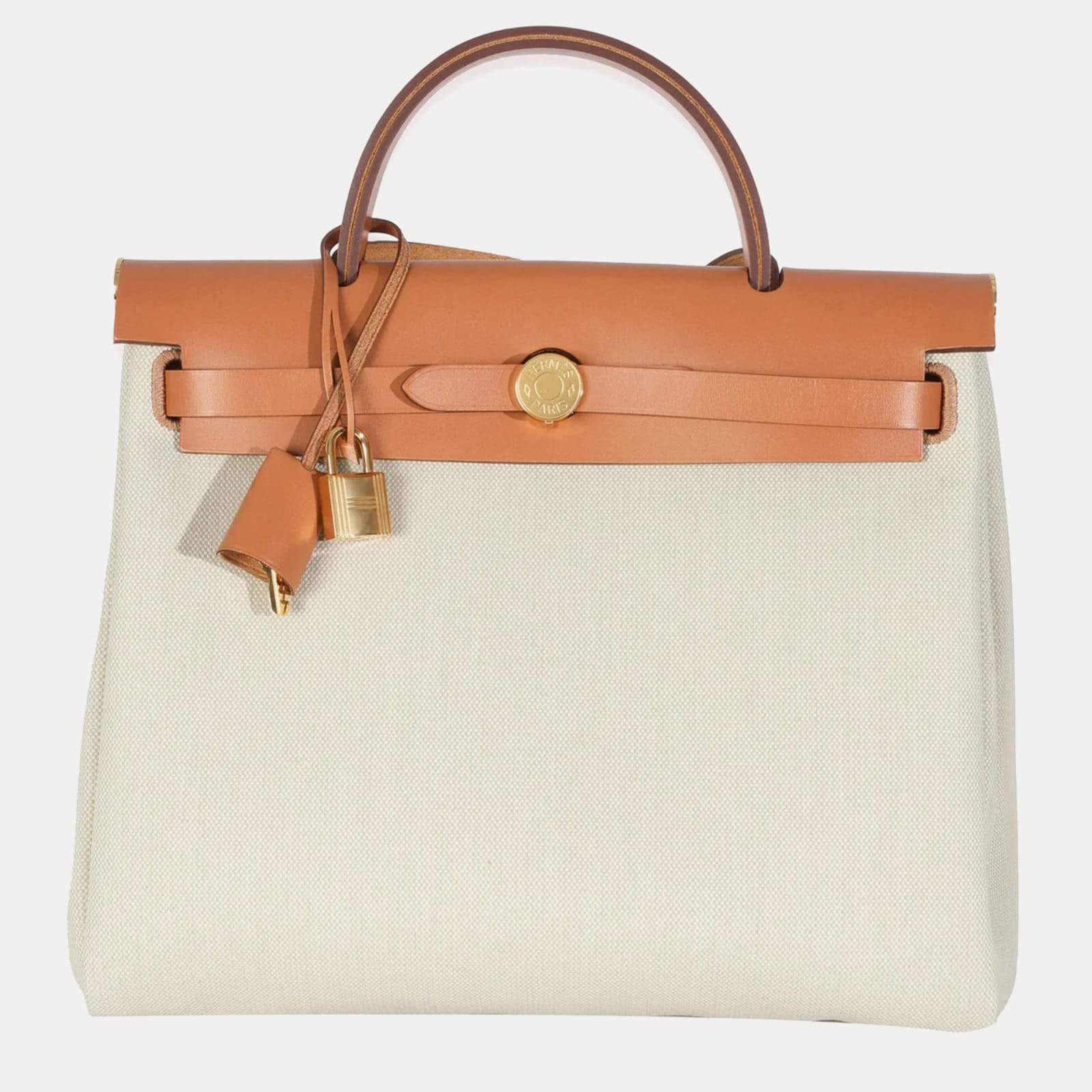 Pre Owned Hermes Herbag Zip Retourne 31 Beton Toile Militaire Natural Sable Handbag