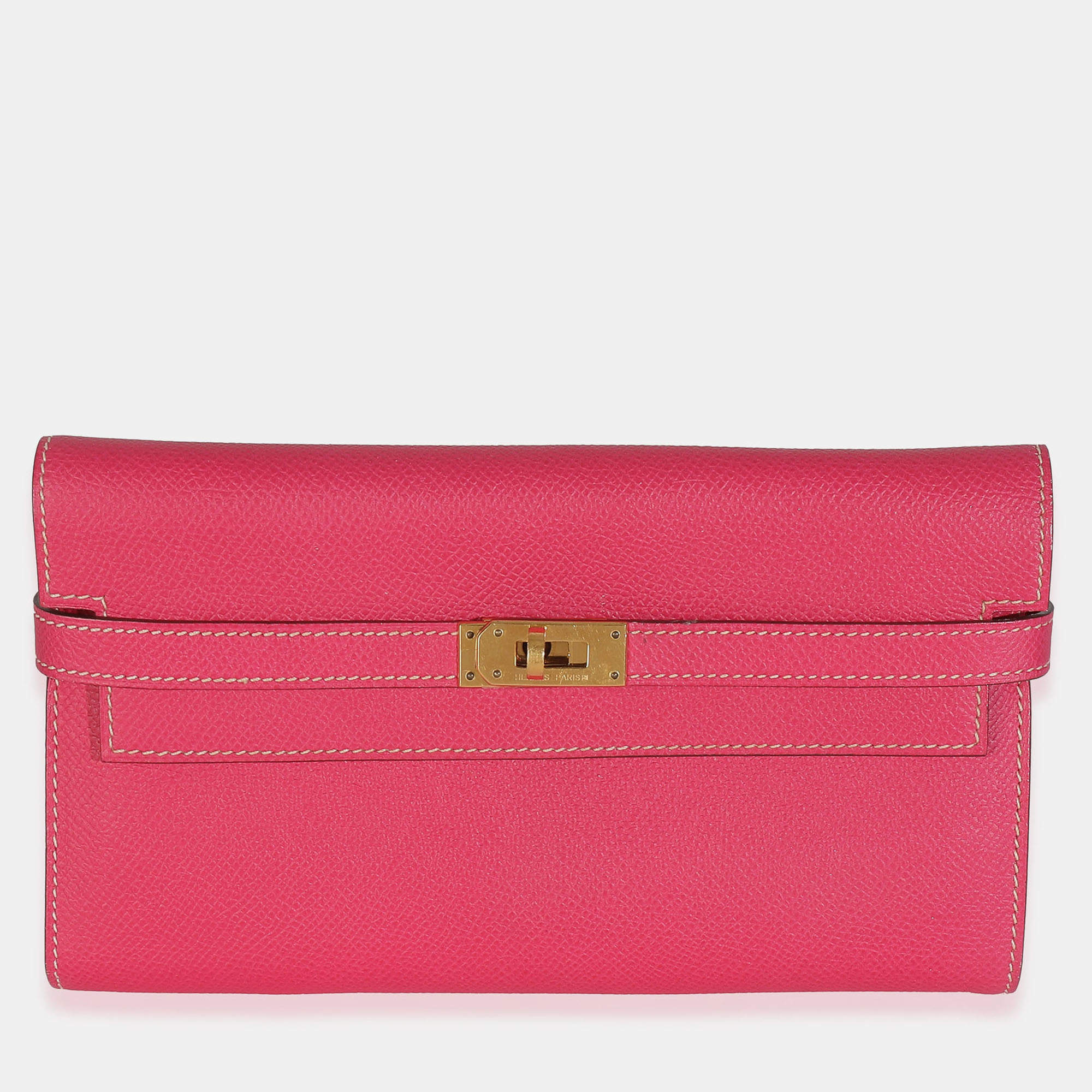 Pre Owned Hermes Kelly Rose Tyrien Epsom Long Wallet GHW