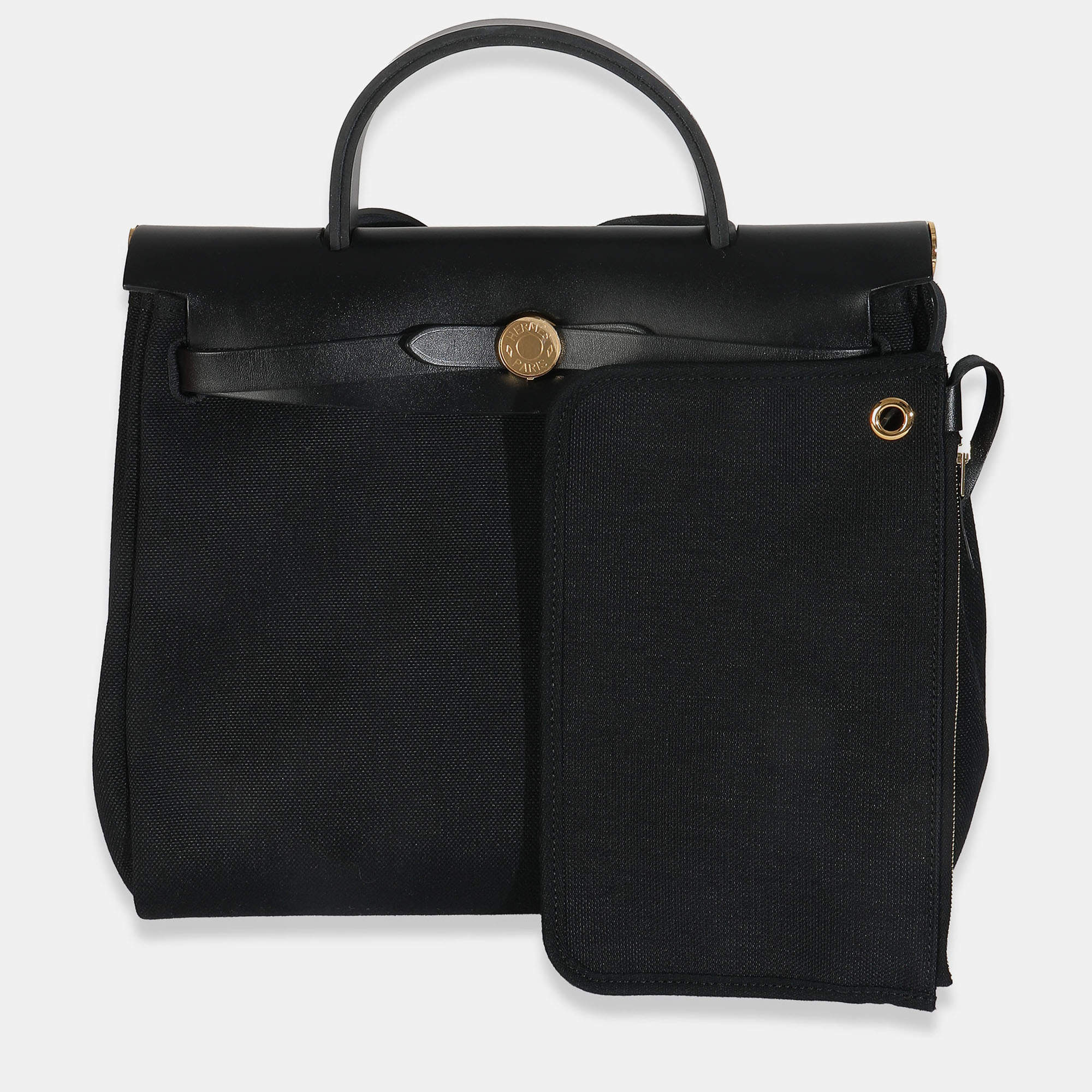 Pre Owned Hermes Herbag Zip 31 Black Military Toile Vache Hunter PM GHW Handbag