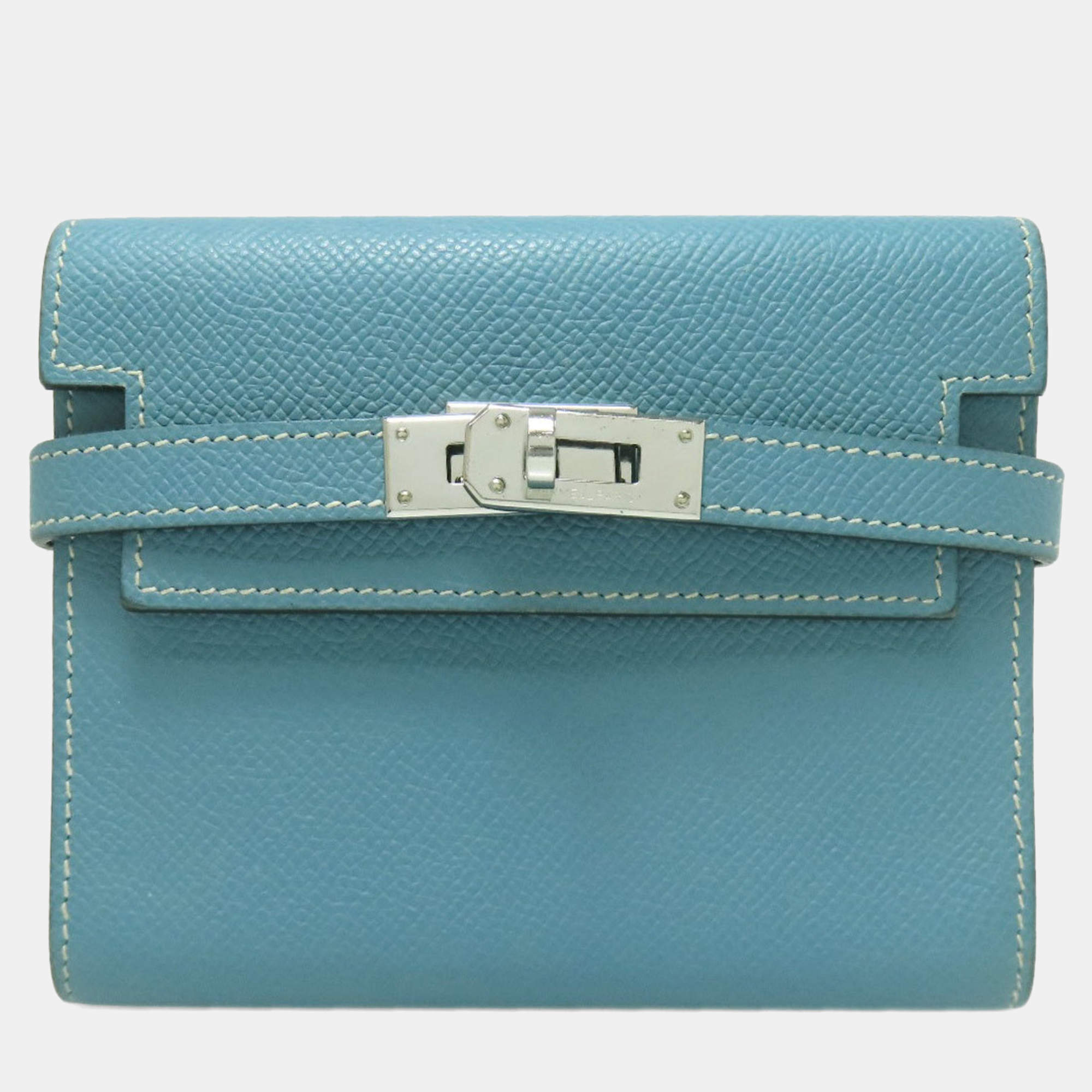 Pre Owned Hermes Kelly Compact Wallet In Blue Jean Bifold By Epson