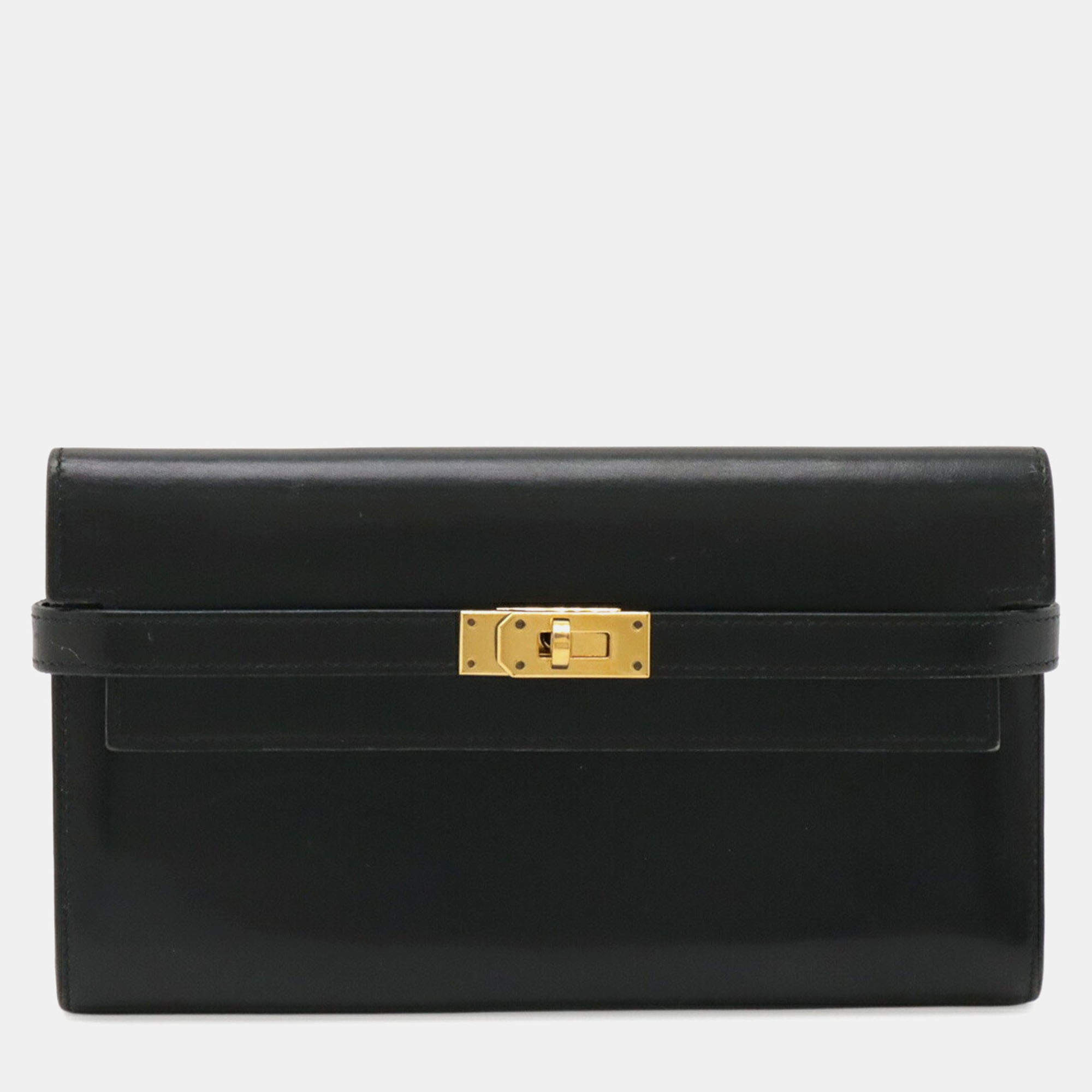 Pre Owned Hermes Kelly Wallet Long Bi-Fold Box Calf Leather Black