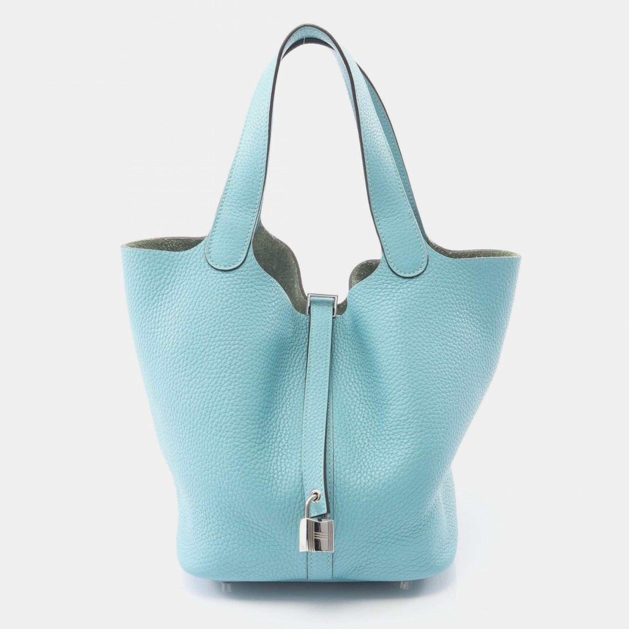 Pre Owned Hermes Picotin Lock 22 Blue Taurillon Clemence Leather Shoulder Bag