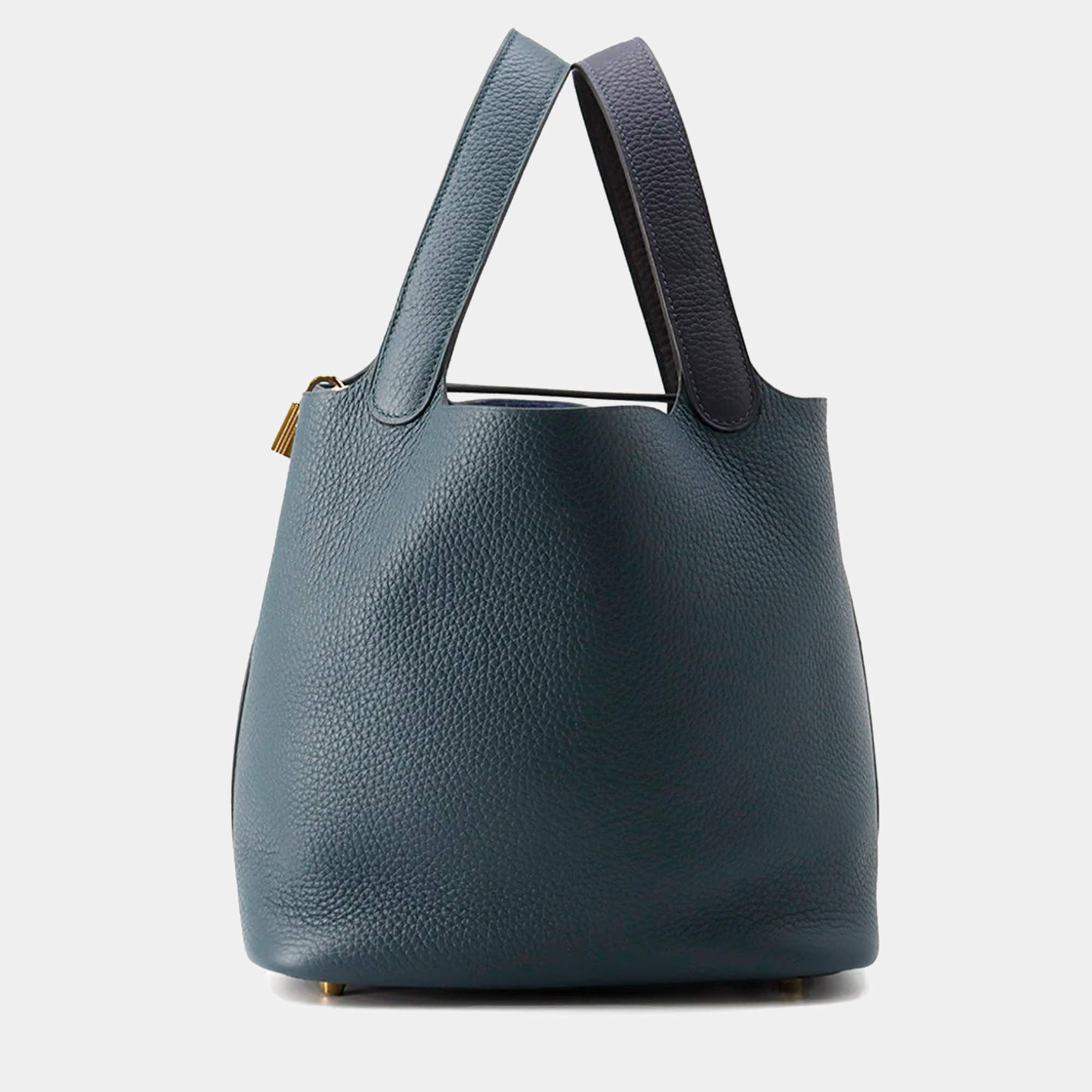 Pre Owned Hermes Picotin Lock 22 Casaque2 Blue Nuit/Vert Cypress/Black Taurillon Clemence Bag 