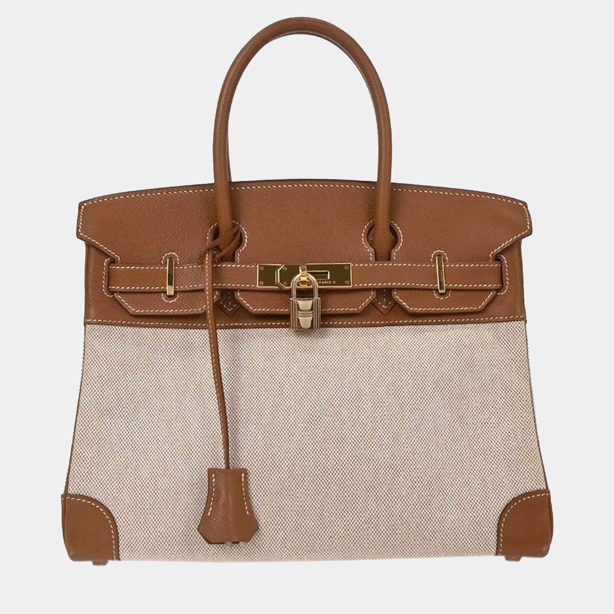 Pre Owned Hermes Beige Gold Toile H Courchevel Birkin 30 Handbag