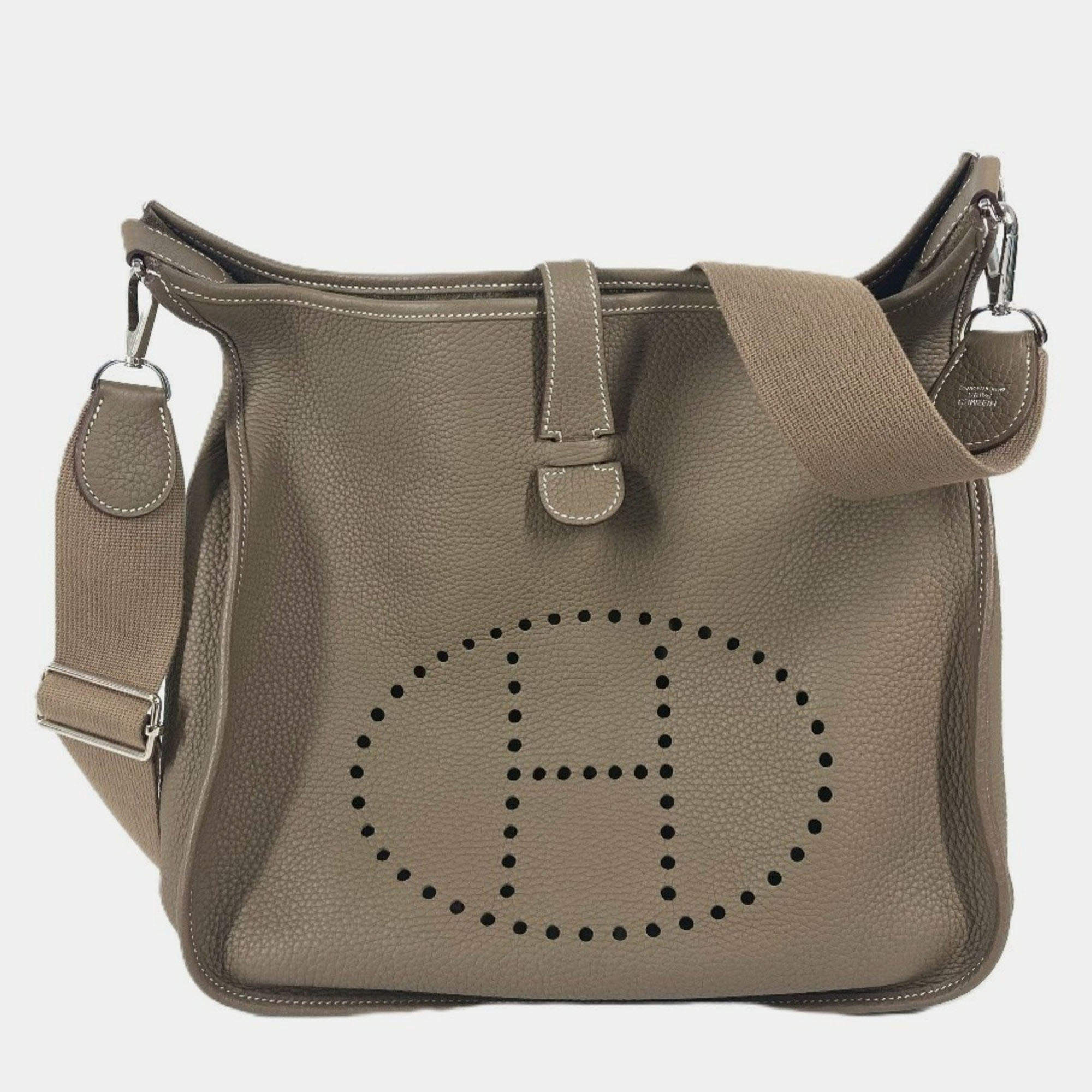 Pre Owned Hermes Evelyn 3 Gm Bag H Punching Logo Crossbody Taurillon Clemence Etoupe Beige