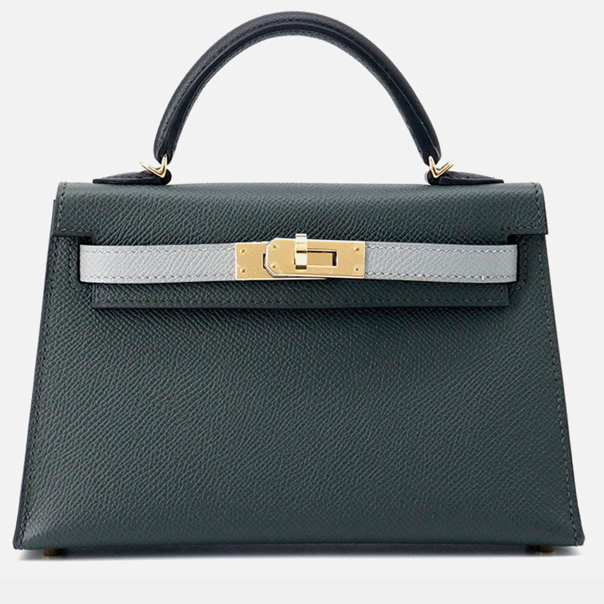 Pre Owned Hermes Mini Kelly 2 Tricolor Vert Mangrove/Black/Green Pantan Epsom