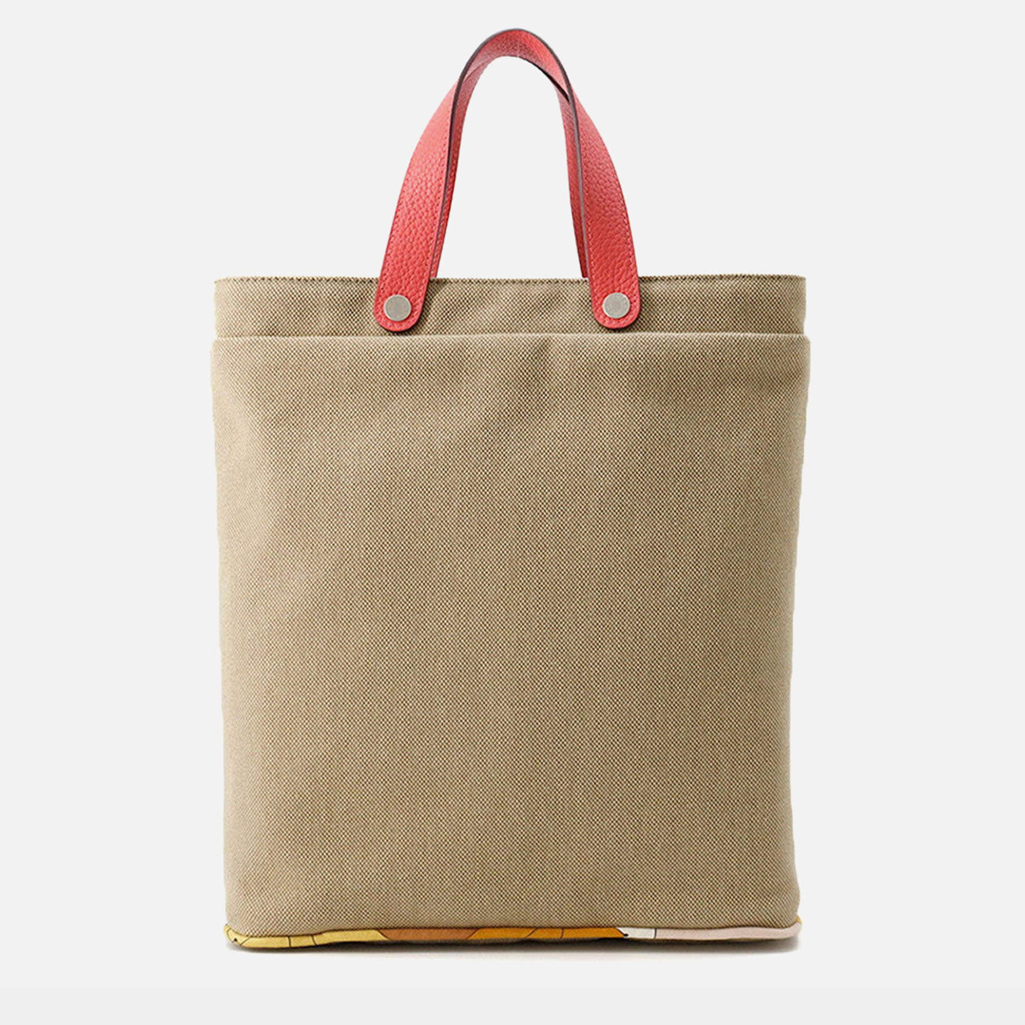 Pre Owned Hermes Petit H Tote Bag Natural/Rose Azalee Toile H Taurillon Clemence