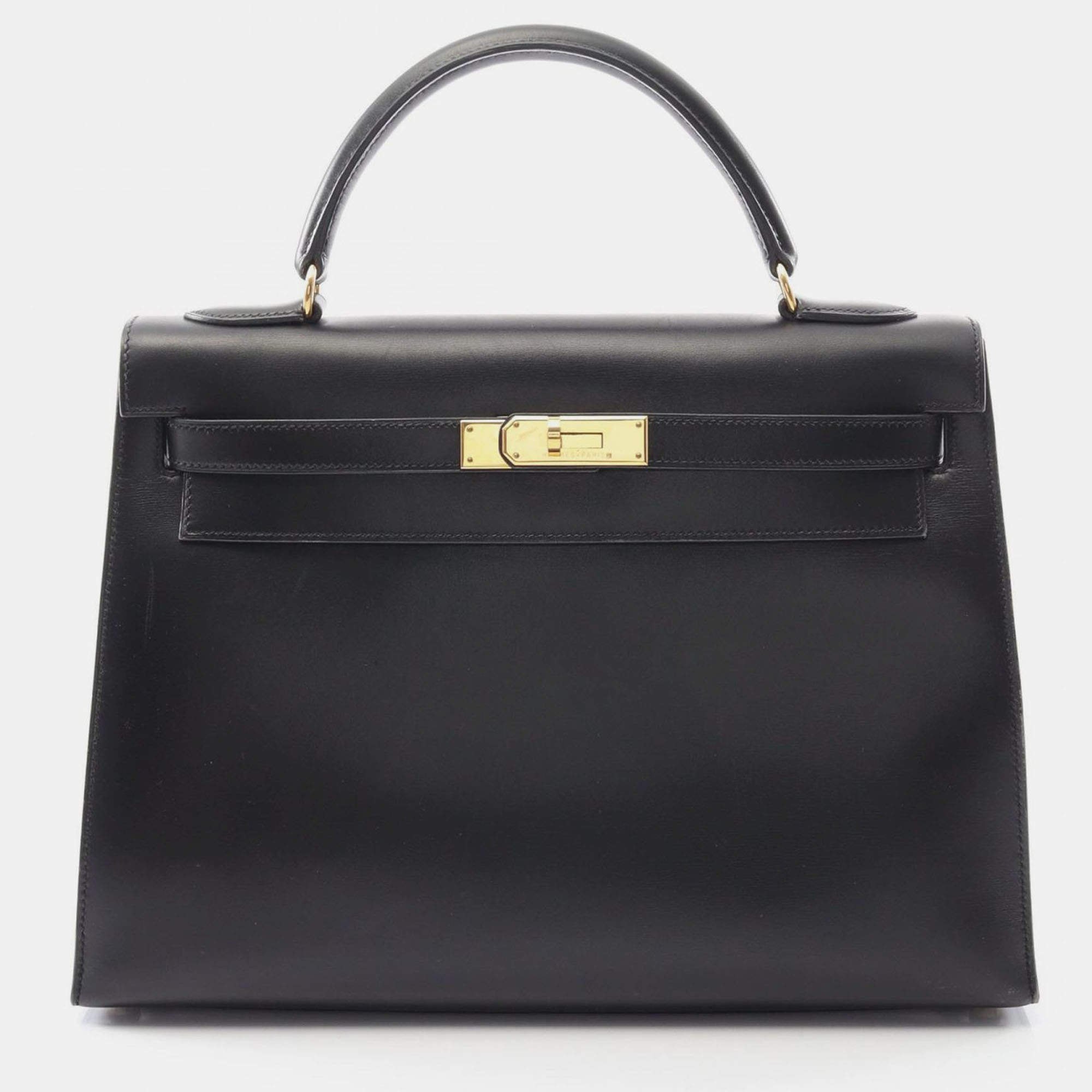 مملوكة مسبقًا Hermes Kelly 32 Black Box Calf Leather Tote Bag