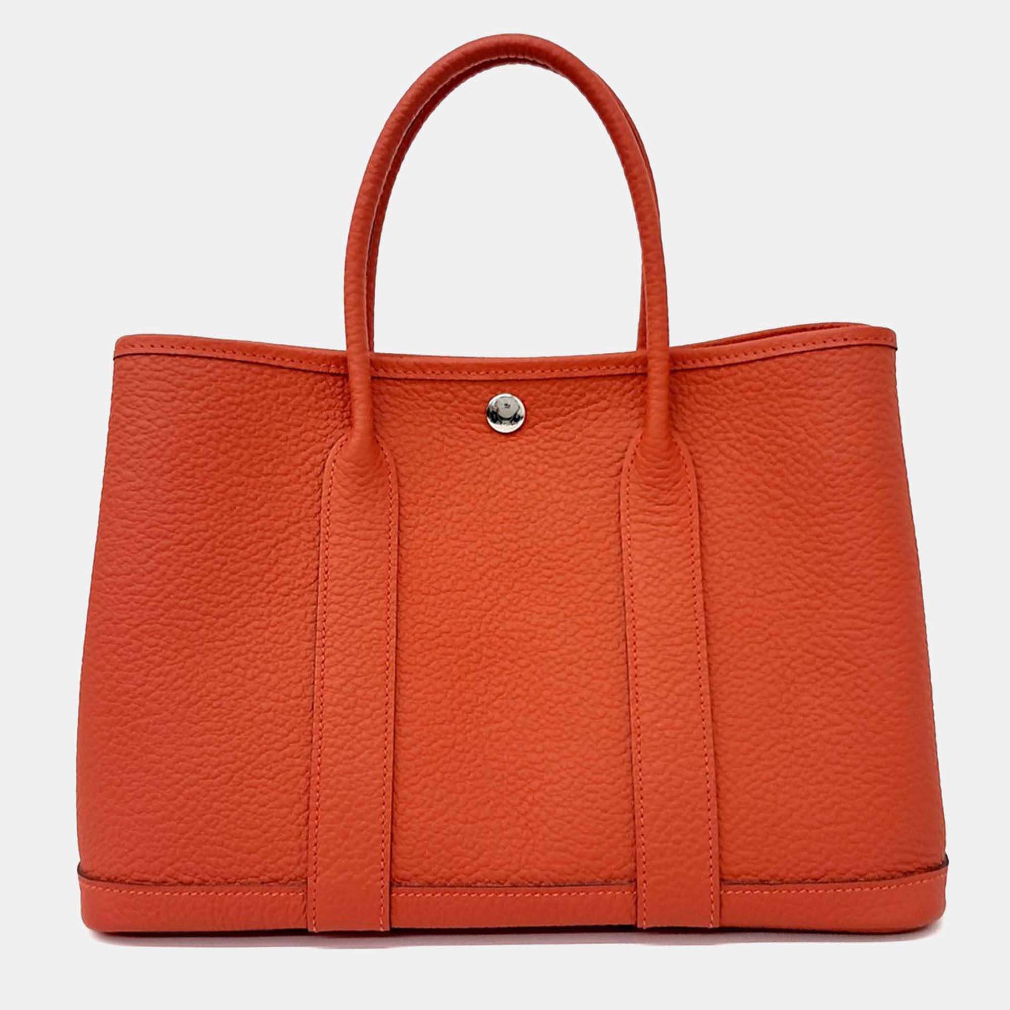 Pre Owned Hermes Orange Leather Garden Party 30