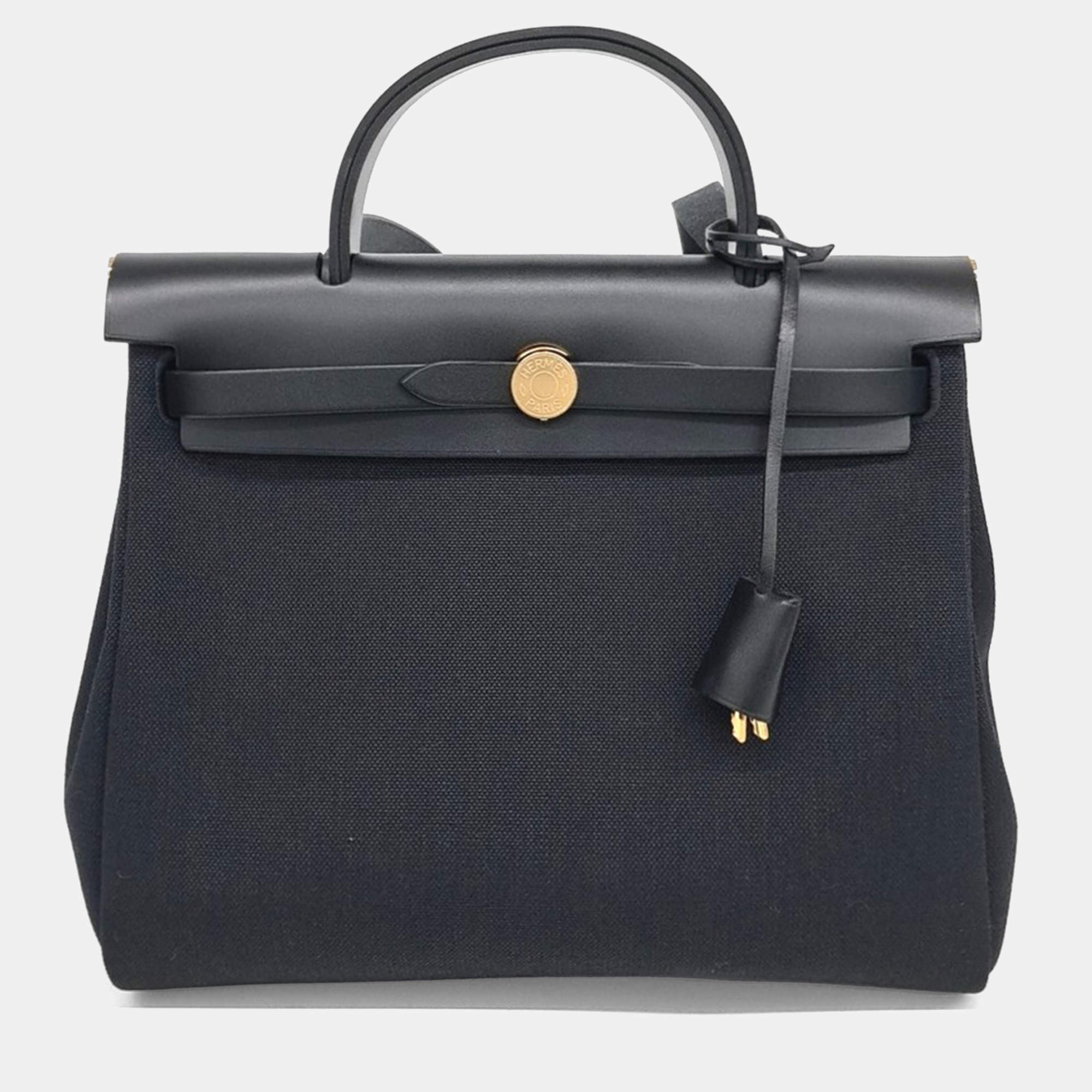 Pre Owned Hermes Black Canvas and Leather New Zip Herbag Small