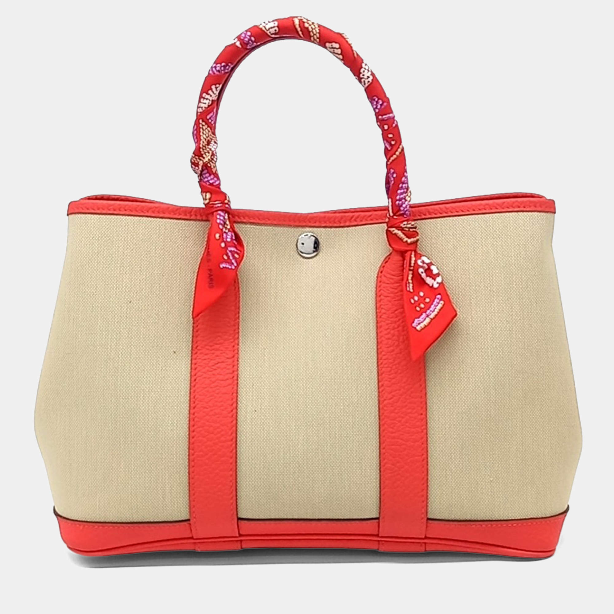 Pre Owned Hermes Beige Red Fabric Garden Party 30  & Twilly