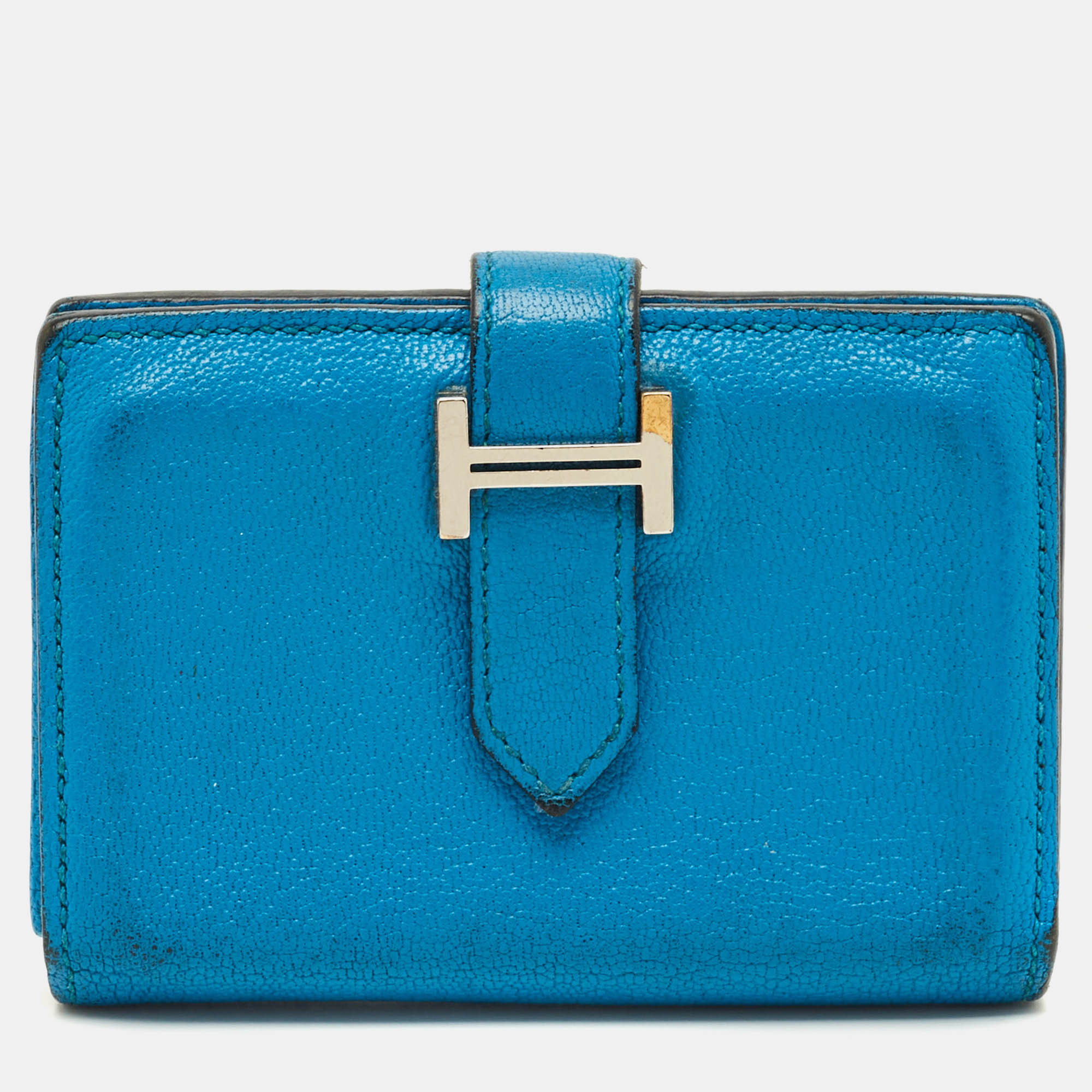 Pre Owned Hermes Bearn Blue Frida Chevre Leather Card Holder
