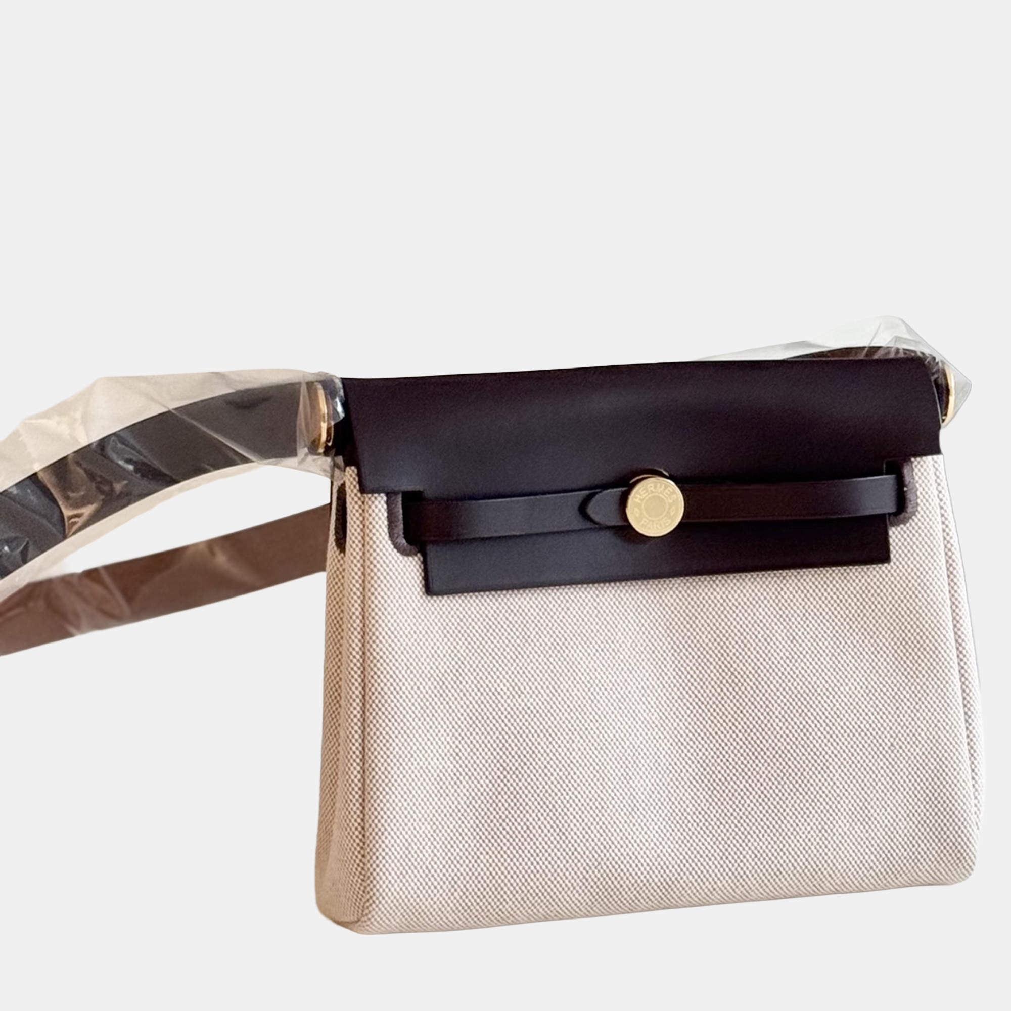 Pre Owned Hermes Mini Herbag Ebony Canvas Gold Hardware