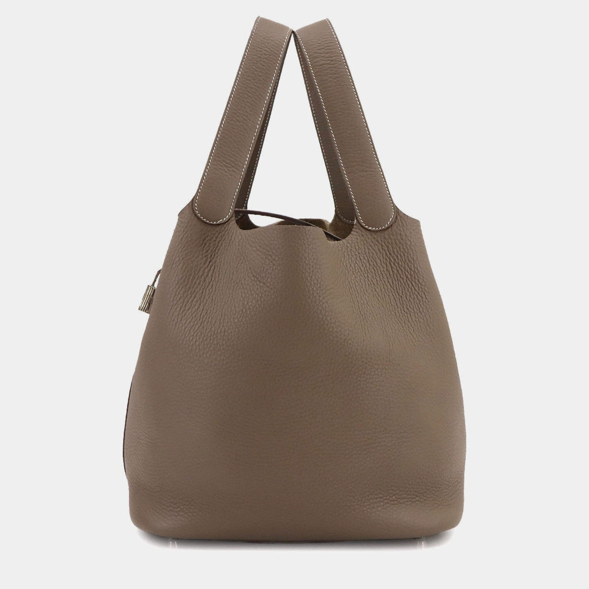 Pre Owned Hermes Picotin Lock 26 Taurillon Clemence Etoupe Leather Handbag