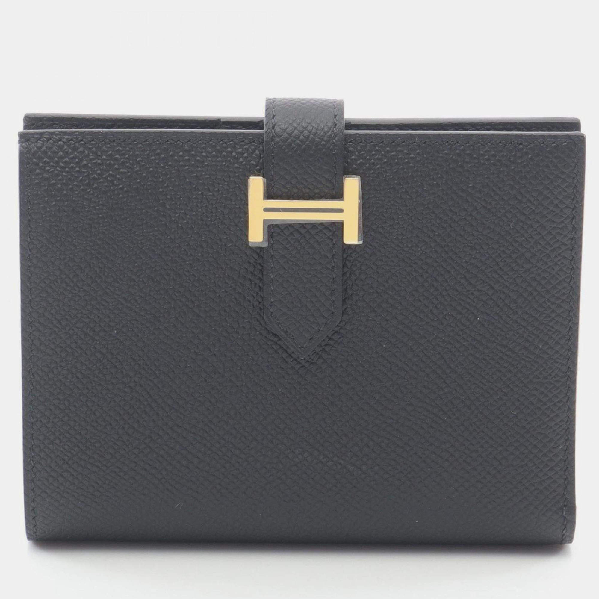 Pre Owned Hermes Bearn Compact Bifold Wallet Leather Epsom Black