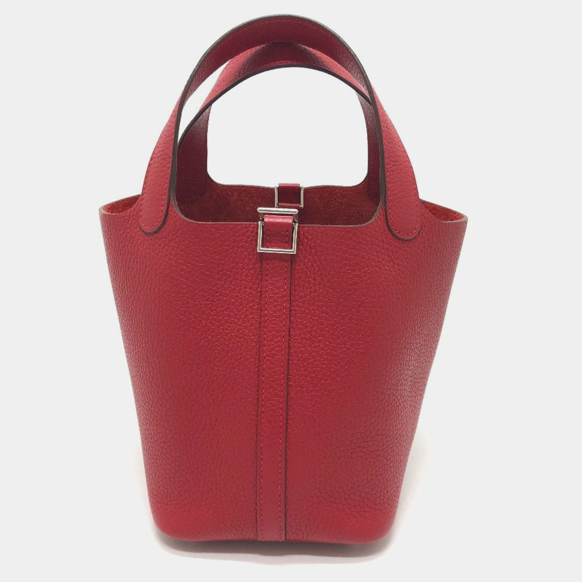 Pre Owned Hermes Picotin Lock 18 18/Handbag Taurillon Clemence Leather Rouge Cazac Red