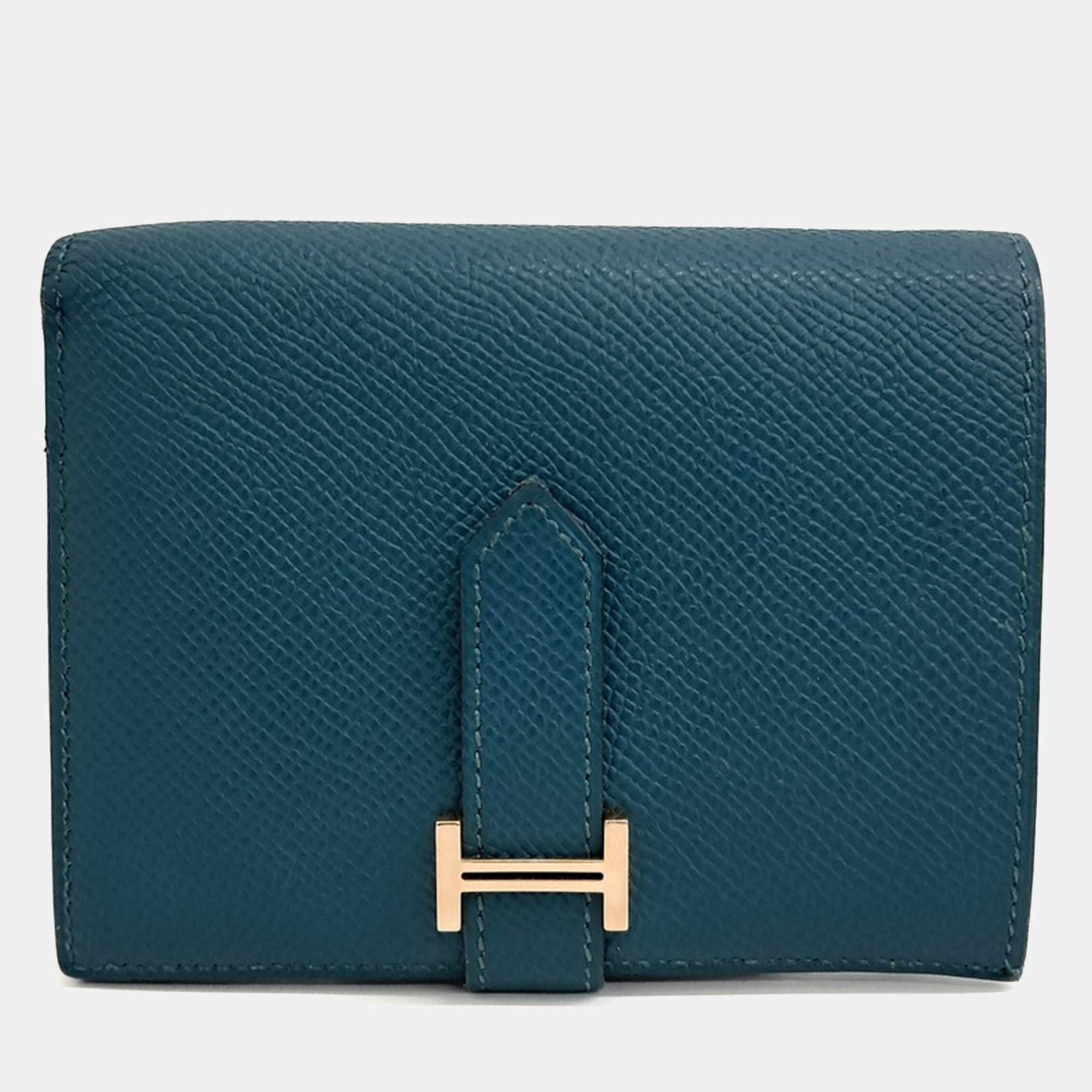 Pre Owned Hermes Green Leather Bean Half Wallet