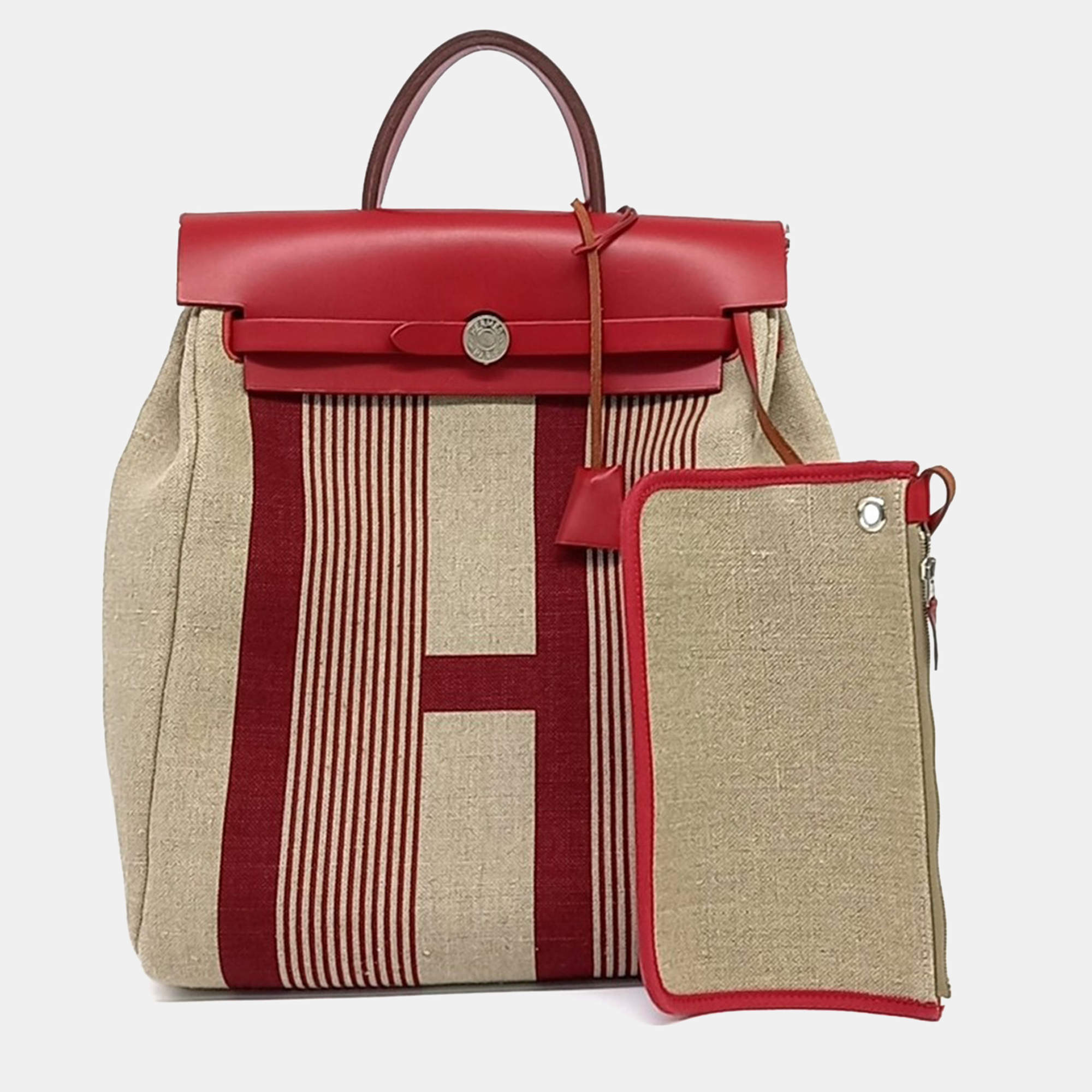 Pre Owned Hermes Beige/Red Canvas and Leather NEW ZIP Her Backpack
