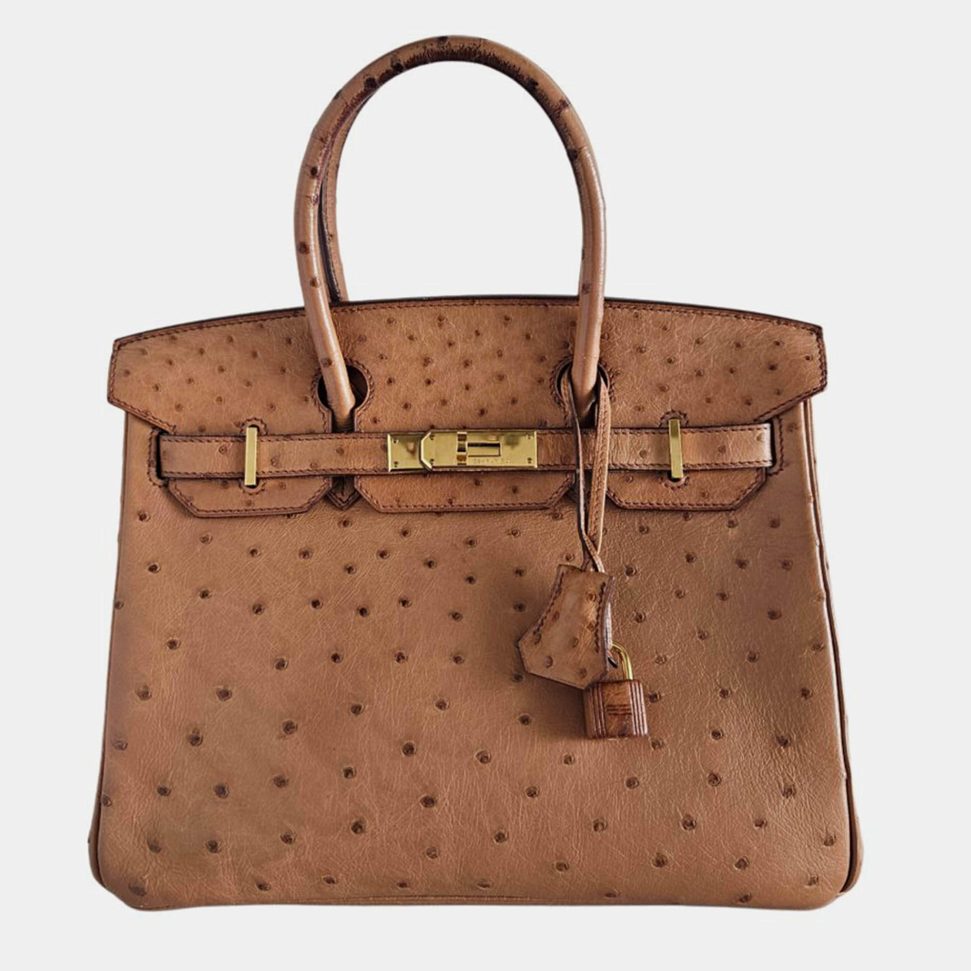 مملوكة مسبقًا Hermes Camel Ostrich Leather Gold Finish Birkin 30 Handbag