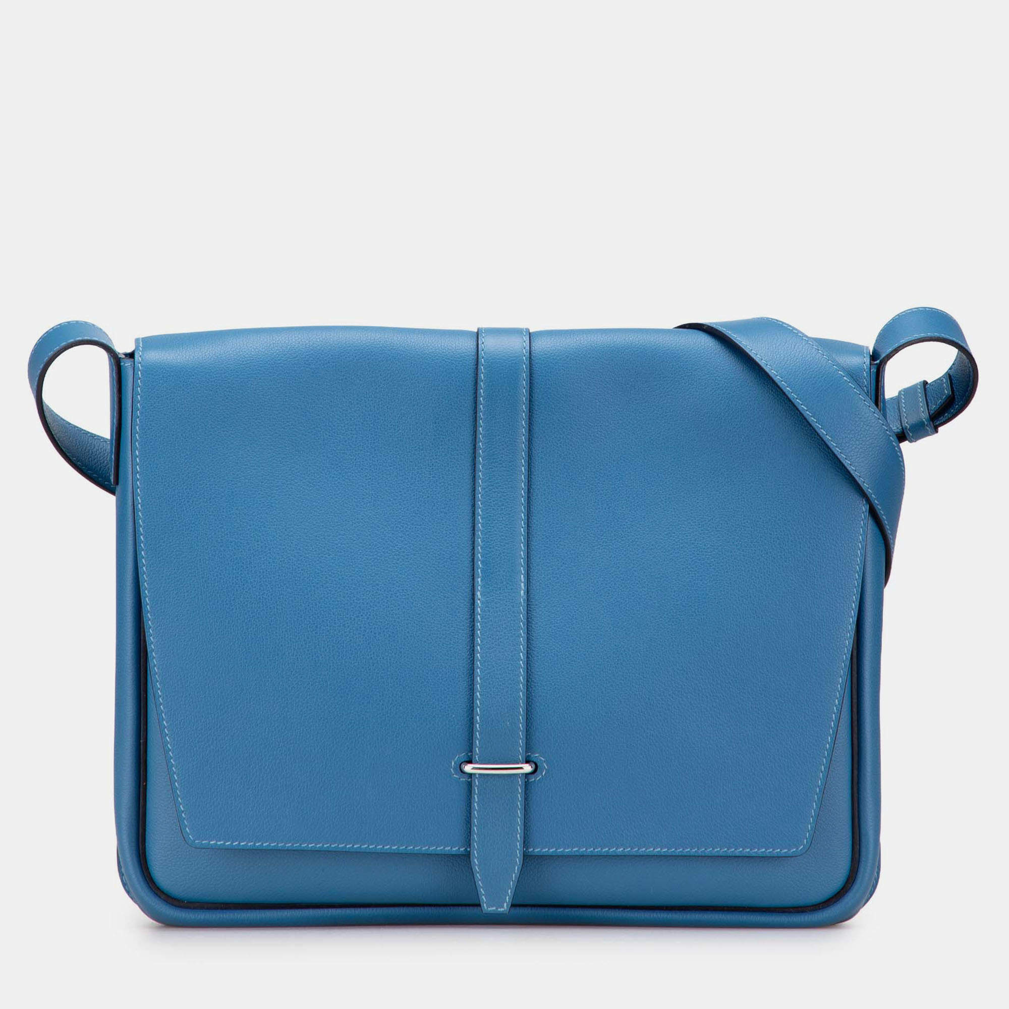 Pre Owned Hermes Blue Togo Steve Light Junior Messenger