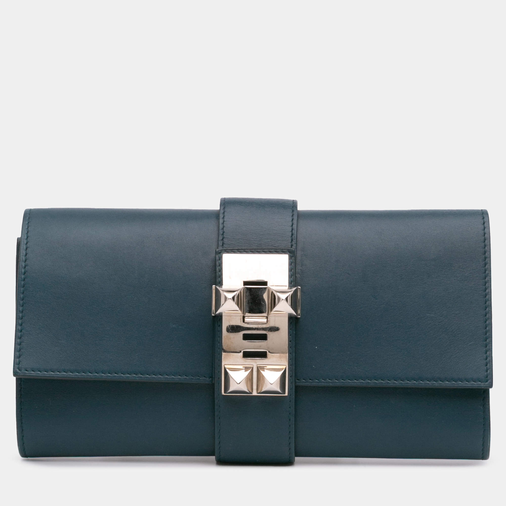 Pre Owned Hermes Blue Tadelakt Medor Clutch 23