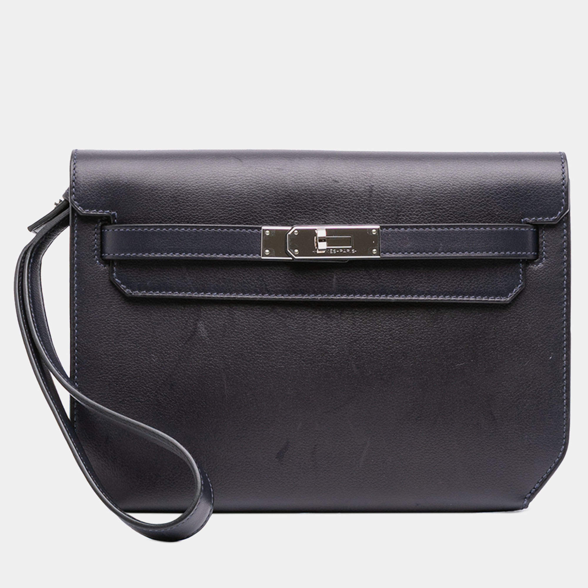 Pre Owned Hermes Blue Evergrain Kelly Depeches Pouch 25