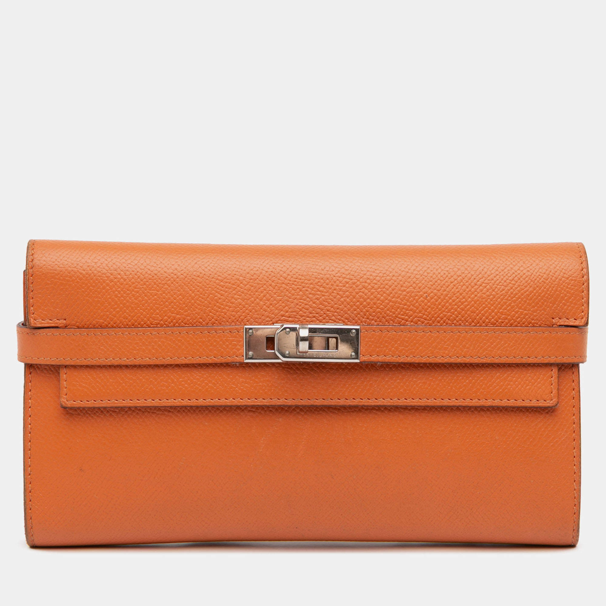 Pre Owned Hermes Orange Epsom Kelly Longue Wallet