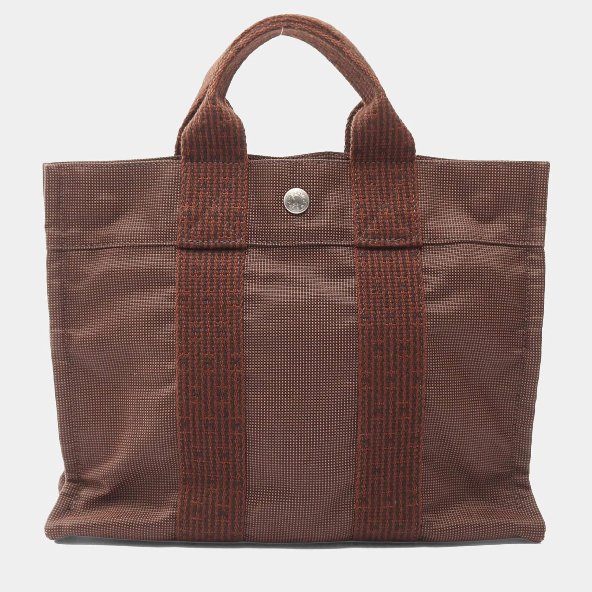 Pre Owned Hermes Herline PM Brown Nylon Canvas Tote Bag