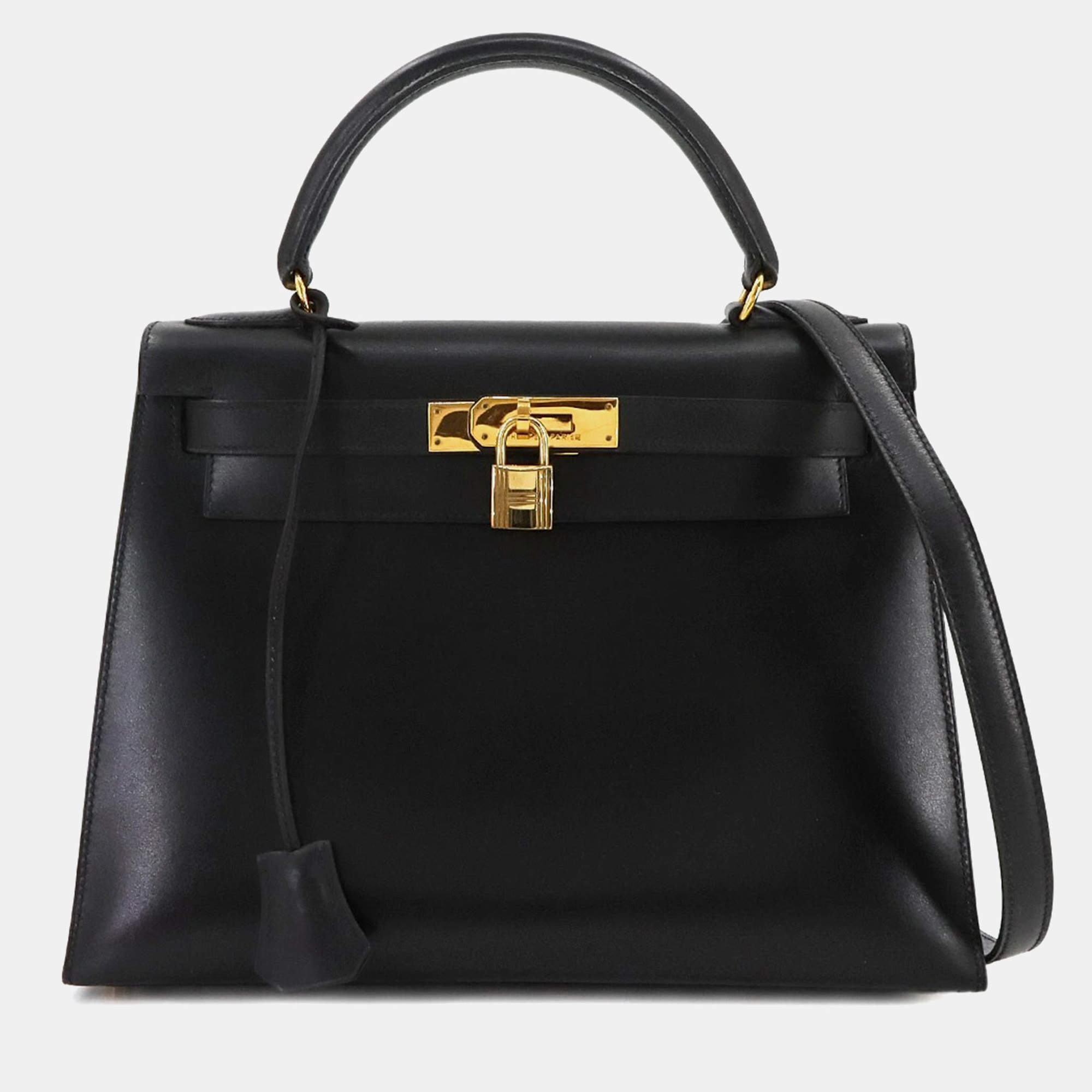 Pre Owned Hermes Kelly 28 Box Calf Black Shoulder Bag